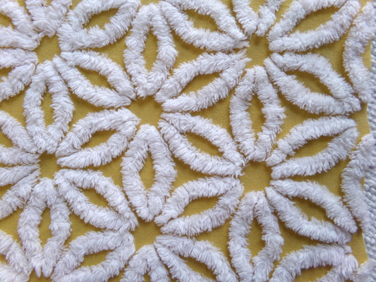boho style vintage chenille fabric, white daisy on harvest gold, 20" x 24" inch piece of cotton sewing material for quilting & crafts