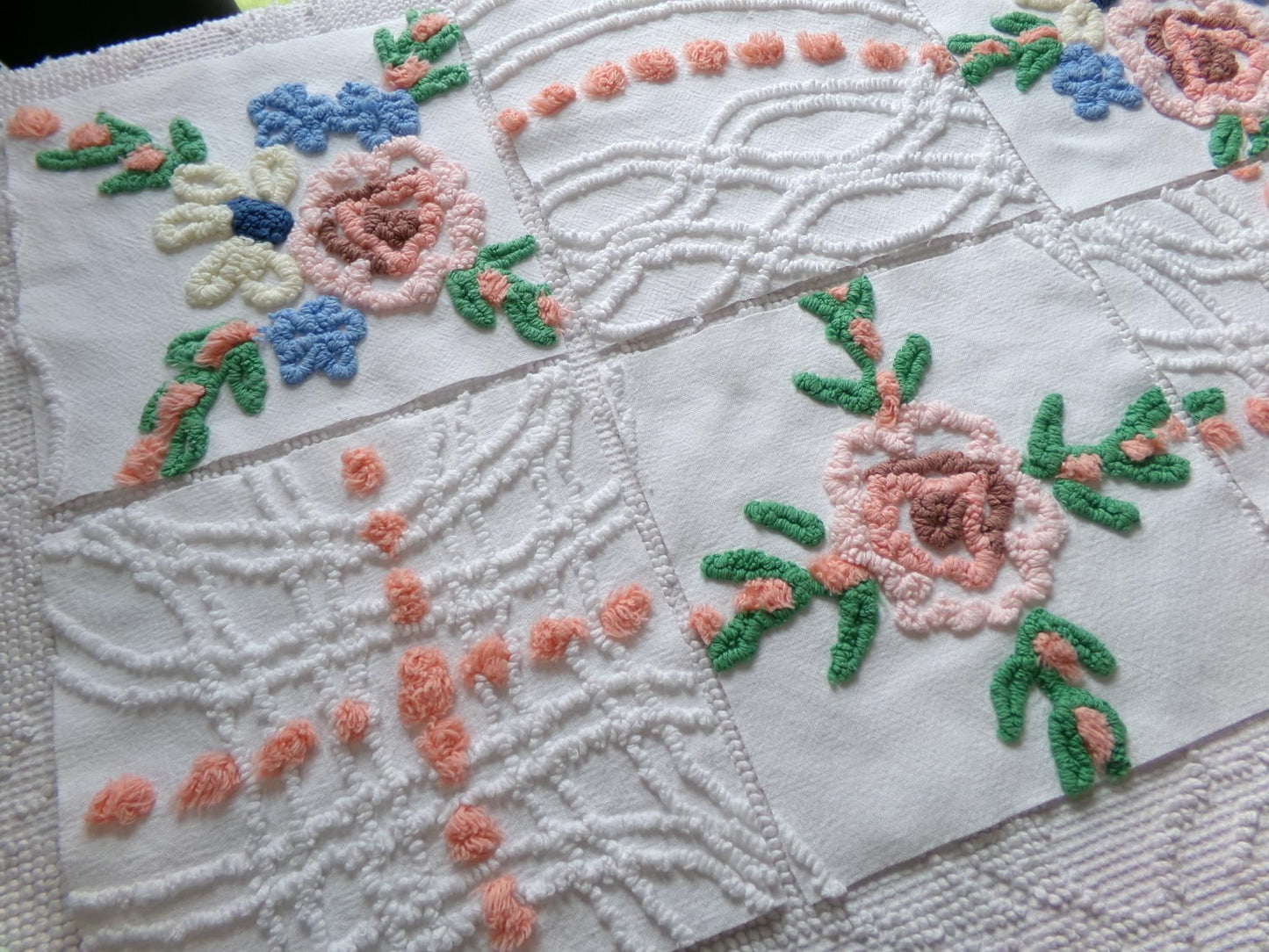 summer garden chenille fabric squares, set of 6 vintage 7.5" quilt blocks, peach, white rose floral & geometric for sewing, crafts, quilting