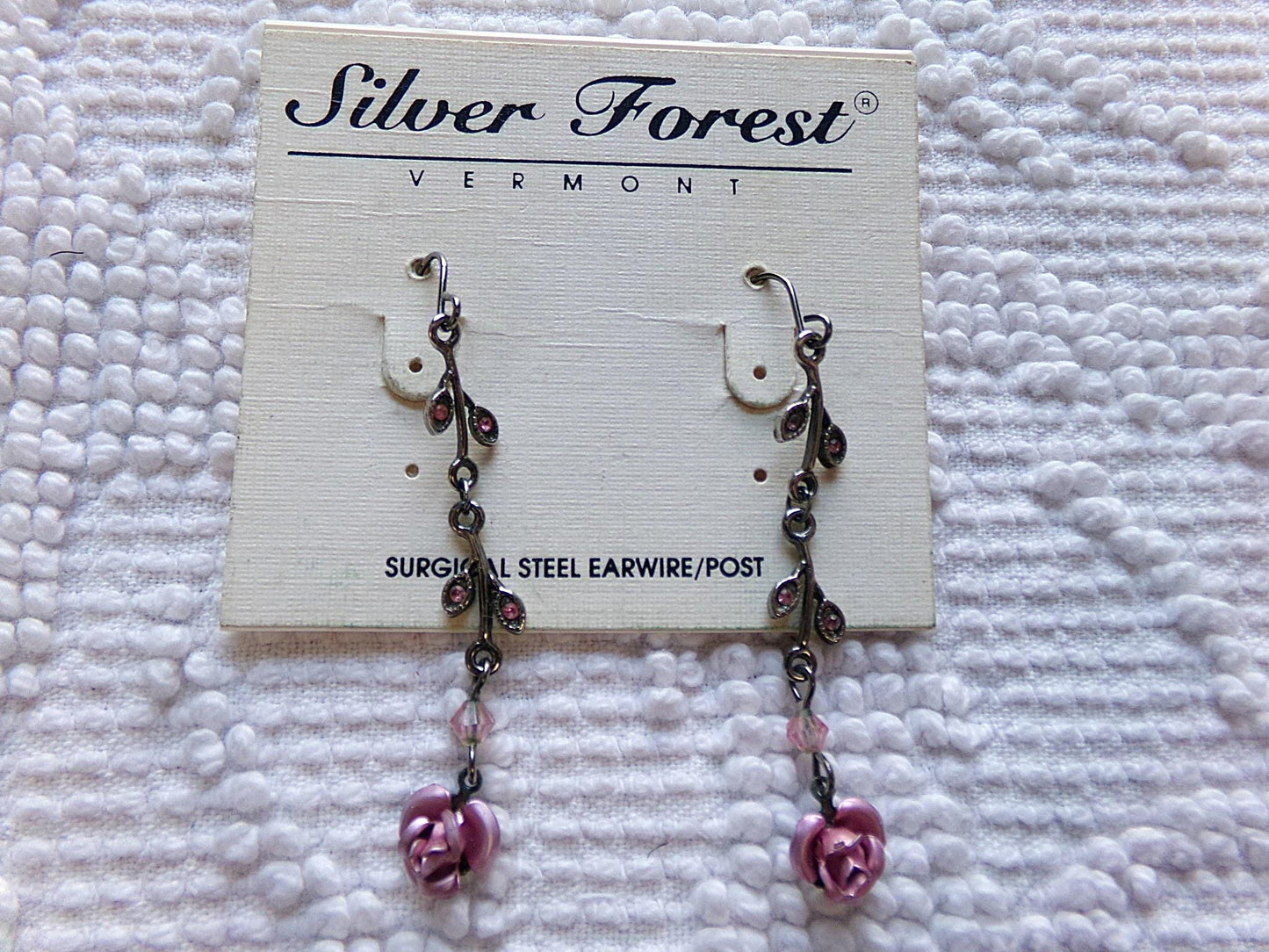 Simple Pink Rose Dangle Pierced Earrings, Vintage Silver Forest Boho Style Jewelry, Dainty Floral With Pink Faux Stones in Little Leaves