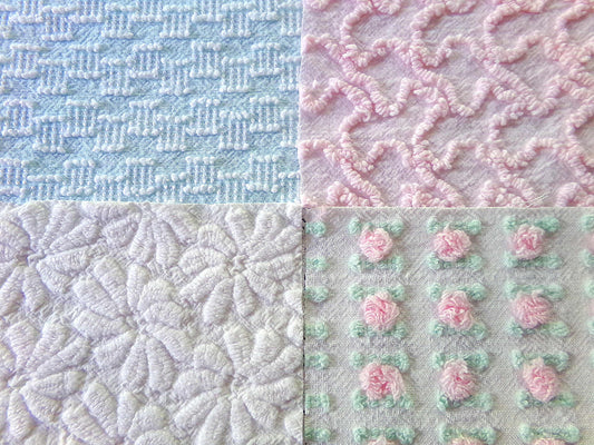 Cottage Style Chenille & Woven Fabric Squares Set from Vintage Bedspread Fabrics, 16 Blocks, 6" x 6" inch, Pretty Colors: Pink, Aqua, White