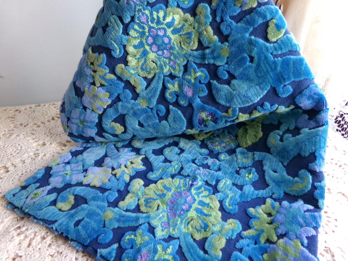 celestial vintage cut velvet fabric, midnight blue mystic Bates tapestry chenille, 18" x 22" inch piece, sewing material for boho bags