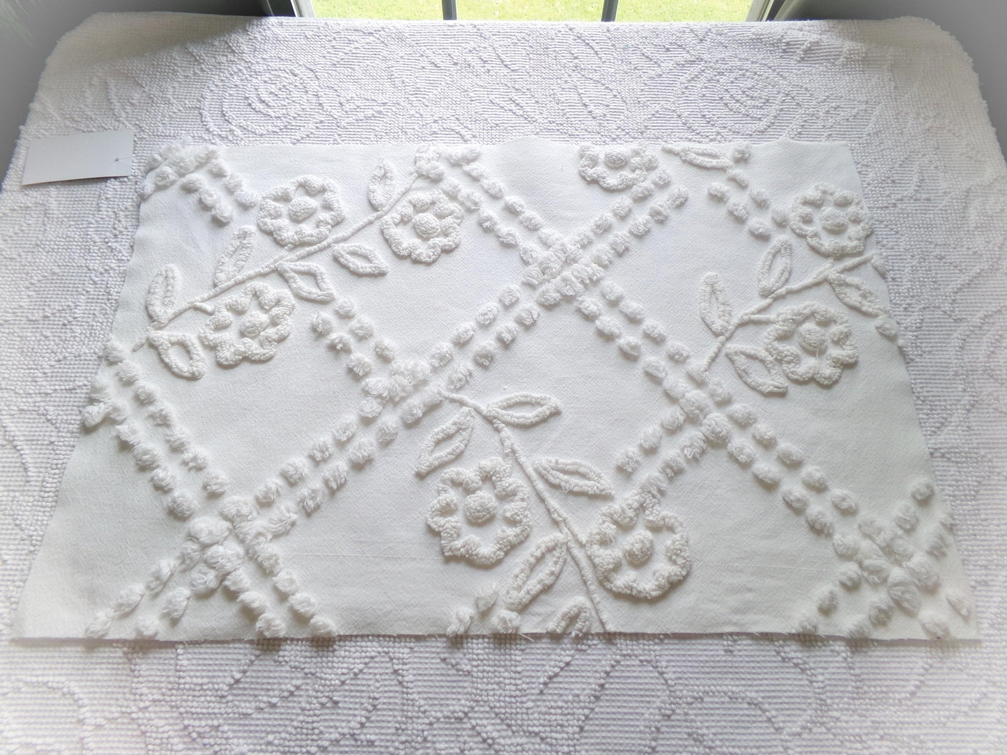 Elegant White Floral Chenille Fabric: Vintage Cottage Style 23" x 15" Cut Piece