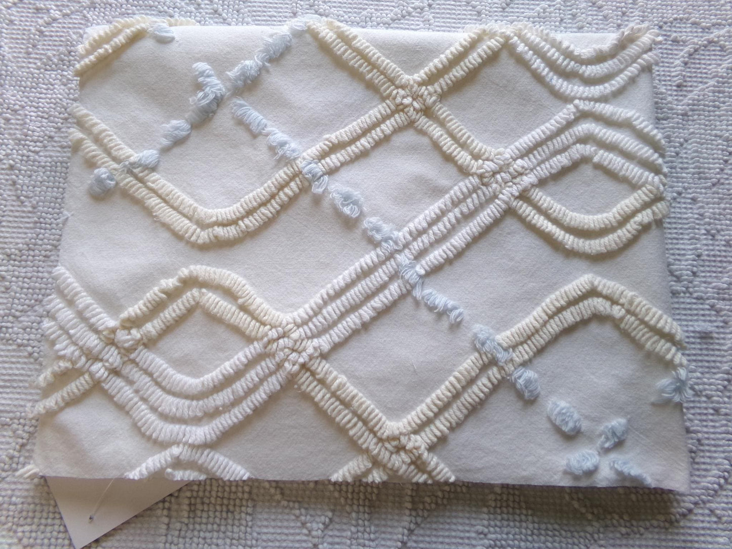 Coastal Life Vintage Chenille Fabric, Tonal Cream Geometric Design, Sky Blue Puffs, 20" x 24" Piece of Sewing Material for Quilting, Crafts