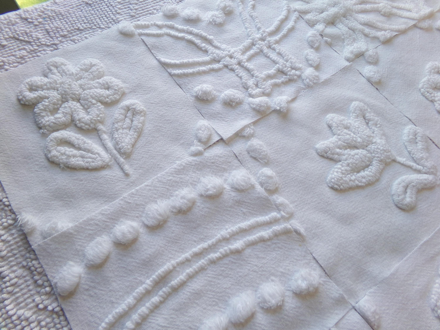 vintage 6" chenille fabric squares, "whispers of white" set of 16 quilt blocks in florals & geometrics