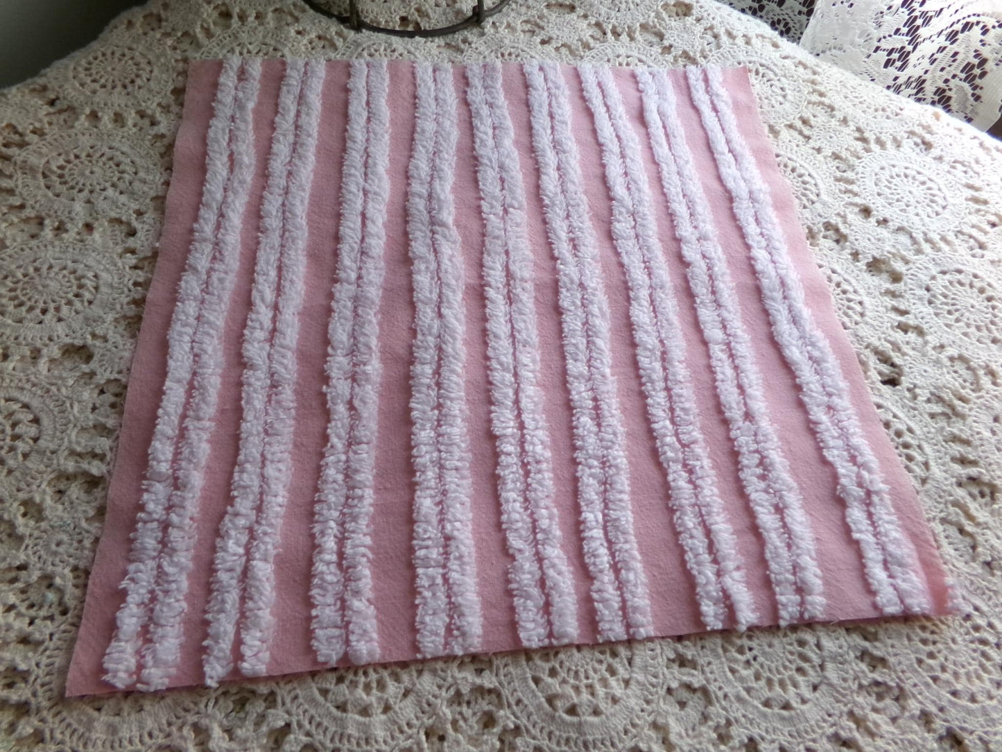 tickle me pink chenille fabric squares, set of 4 vintage large quilt blocks 12" inches ea, rosebud, pops, stripes, infinity tuft