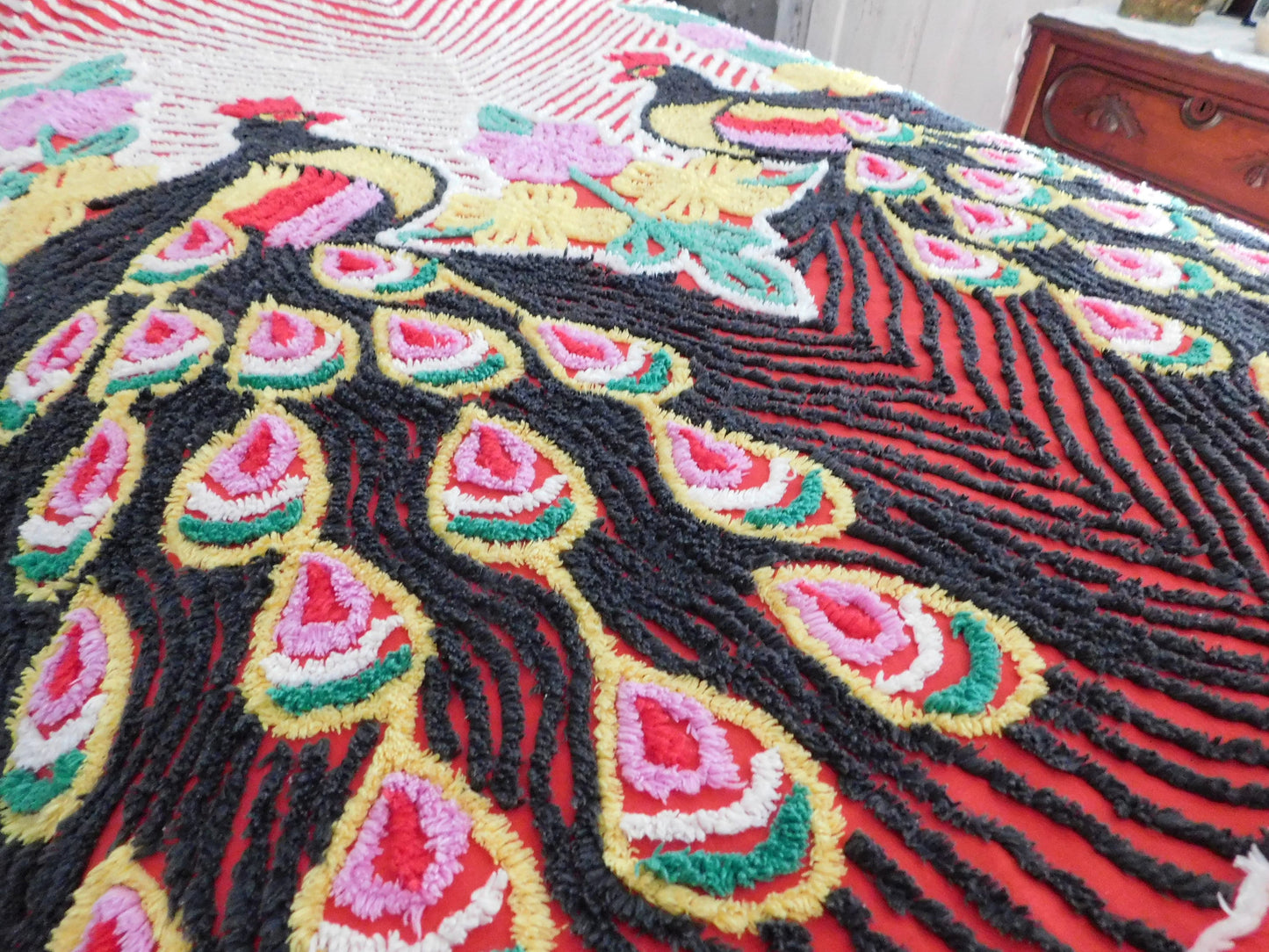 Vivid Red Peacock Vintage Chenille Bedspread, Rainbow Lovebirds with Gothic Black Feathers, 100% Cotton Full Size Bedding