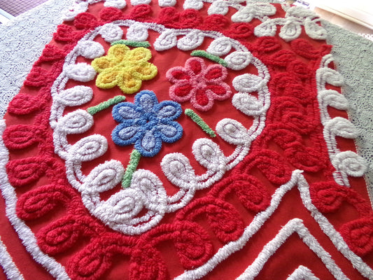 Valentine's Candy Heart Vintage Chenille Fabric, 20" x 27" Inch Piece, Vibrant Red & White Colors