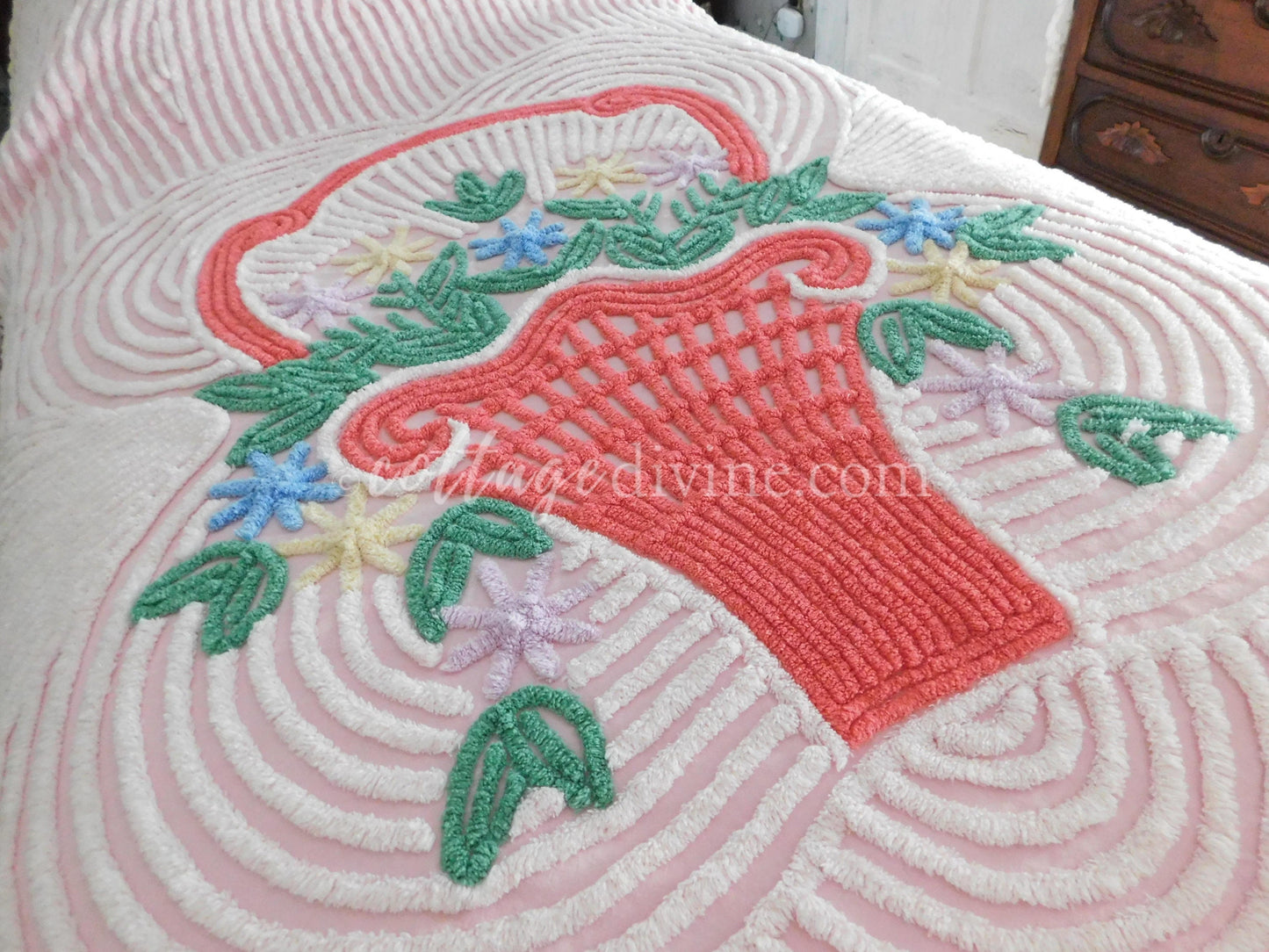 shabby girl pink vintage chenille bedspread, large flower basket & white swirls, full size summery cotton bedding