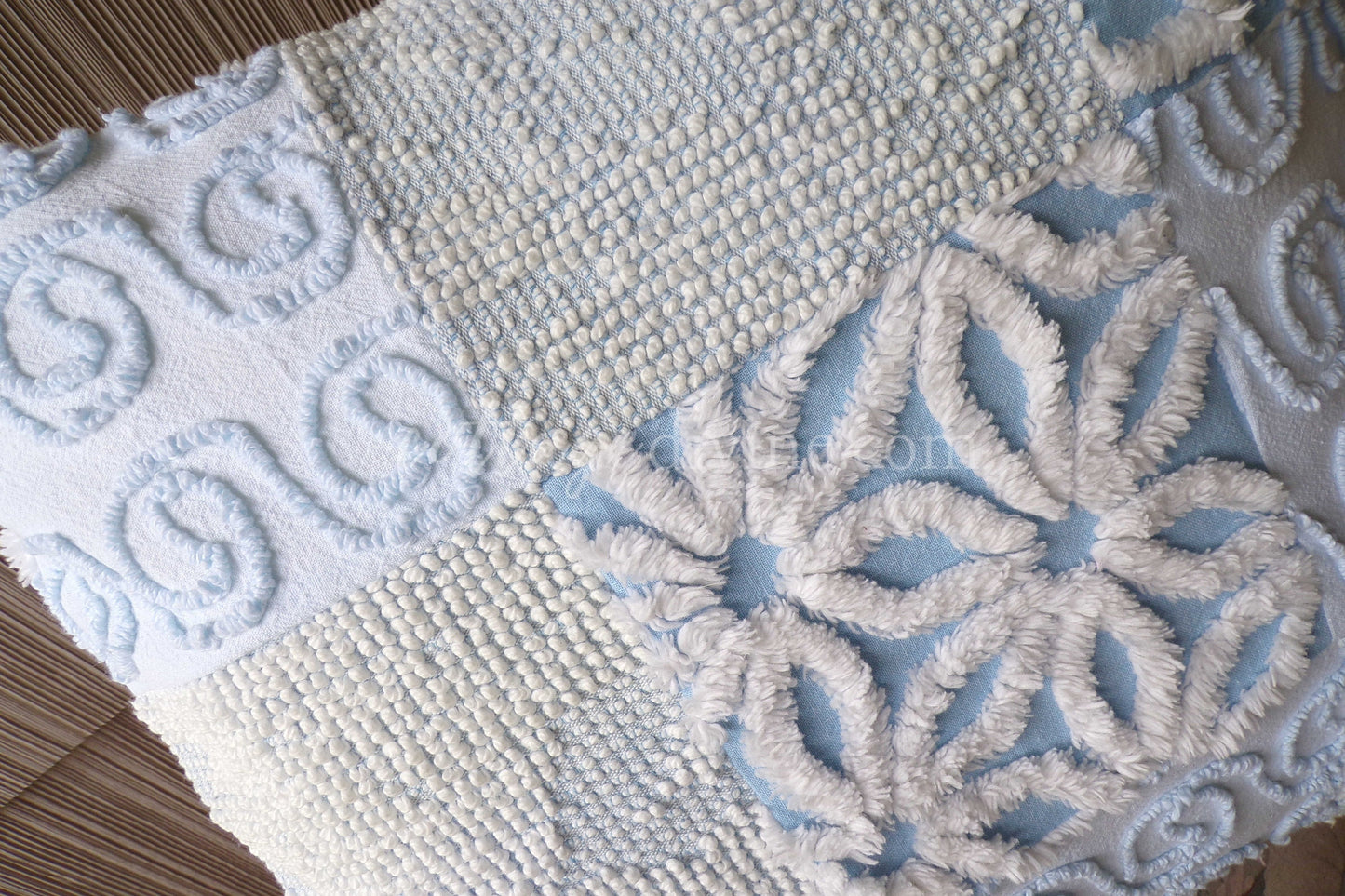 Beach Cottage Chenille Pillow Cover 16" x 16" inch Square, REVERSIBLE Patchwork Blue Accent Pillow from Vintage Chenille Bedspread Fabric