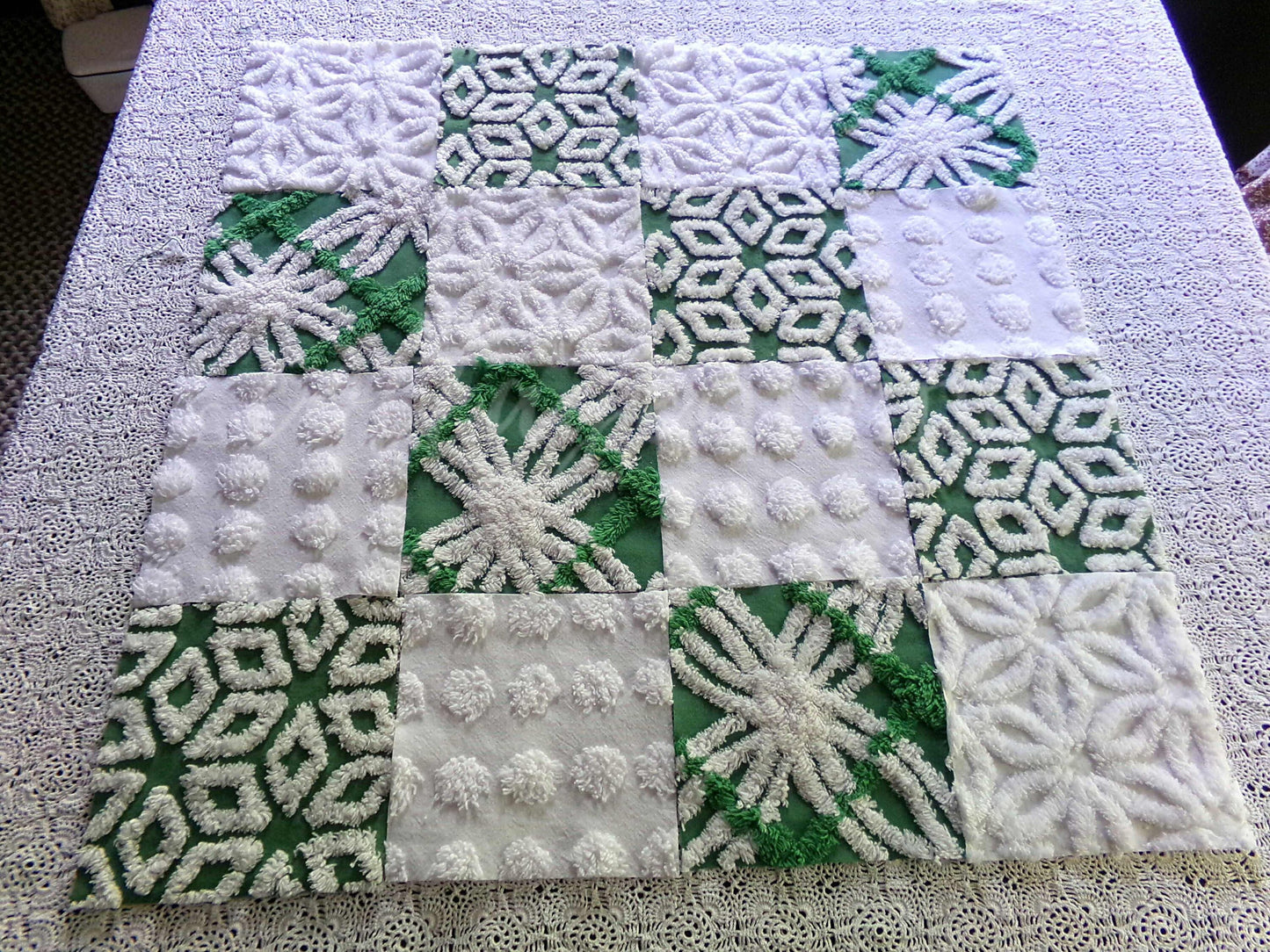 winter's enchantment vintage chenille fabric squares, set of 16 green & white quilting blocks, 6" each for patchwork pillows, quilt inlays