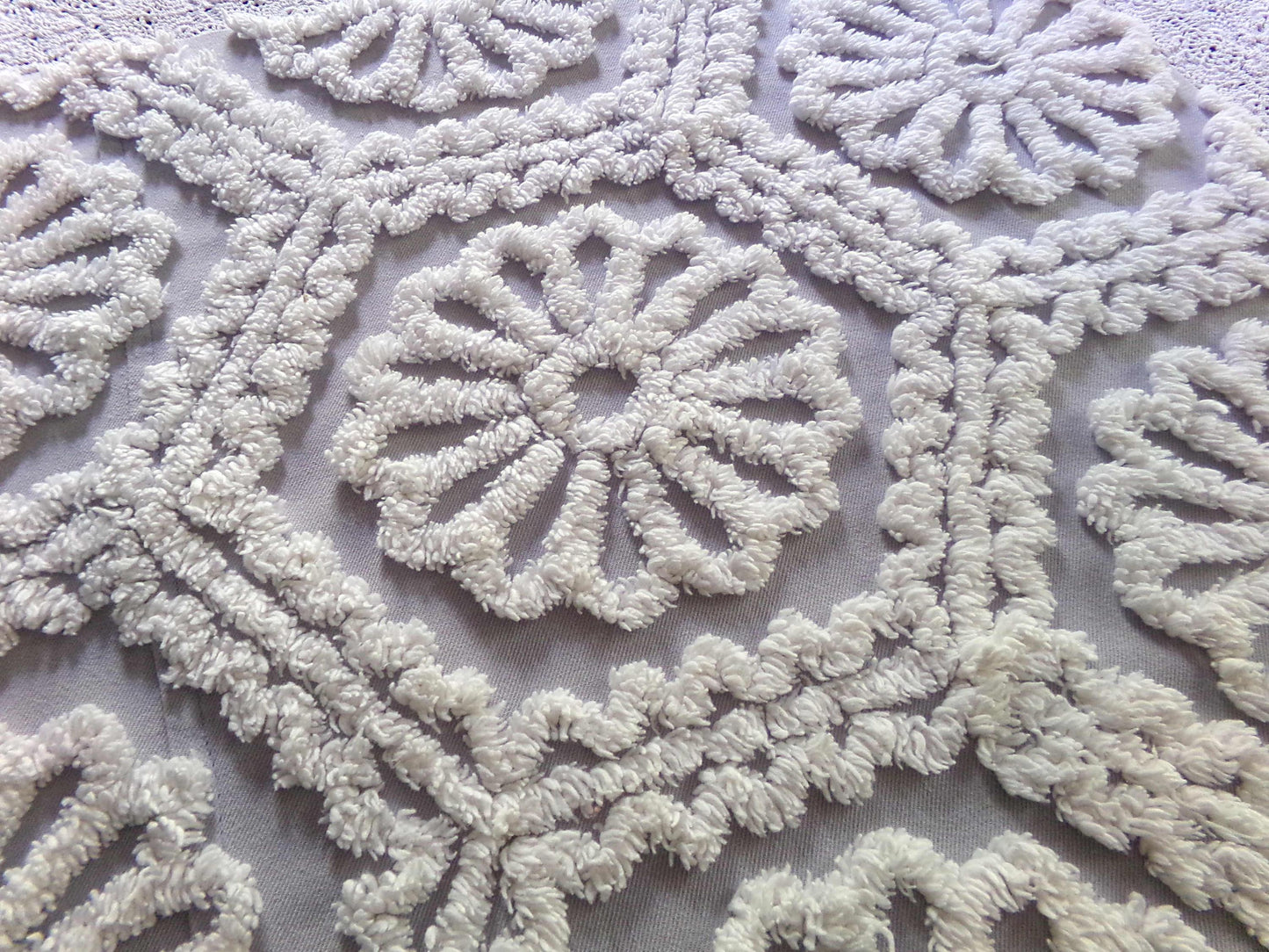 lavender mist cottage chic chenille fabric, plush white daisies, 17" x 26" piece of vintage sewing material for quilting, fiber arts