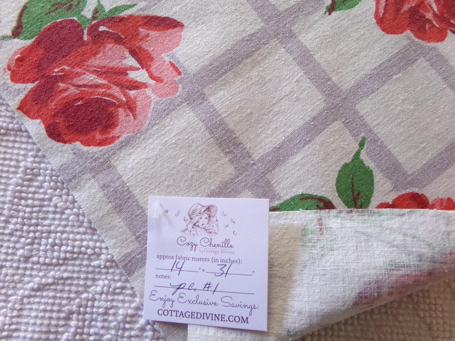 Romantic Lattice Rose Vintage Fabric Piece, Midcentury Style 14" x 31" inches for sewing material, upcycling, pc #1