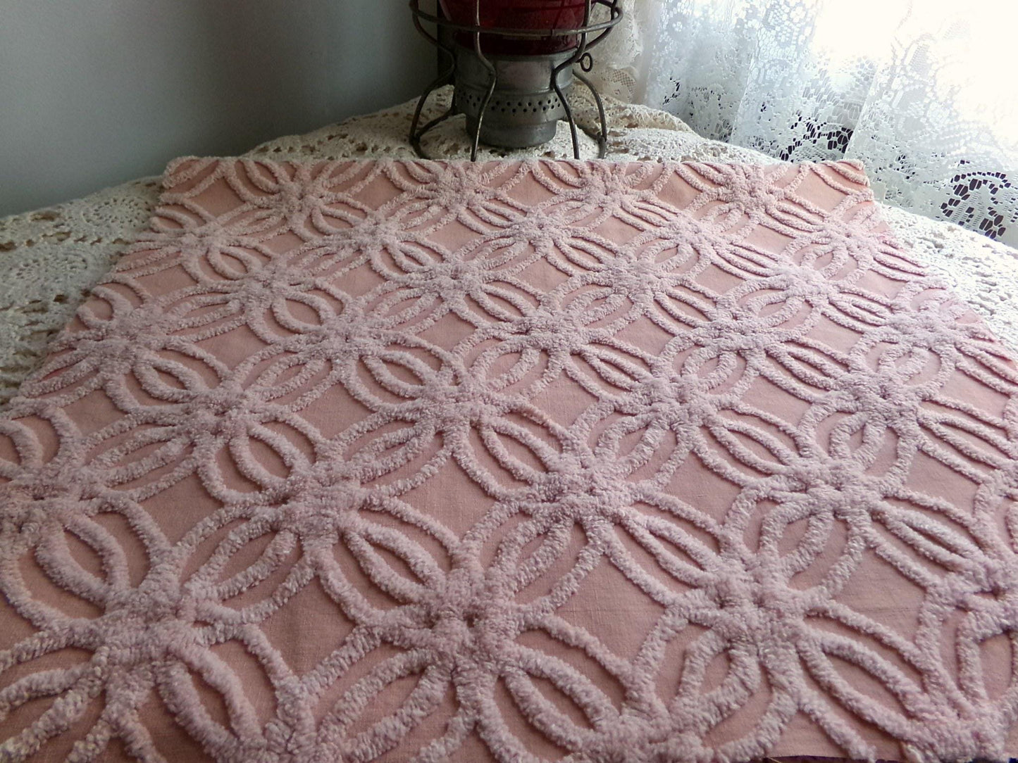 vintage chenille fabric, warm clay mauve geometric wedding ring design, 17" x 28" inch piece for sewing & crafts
