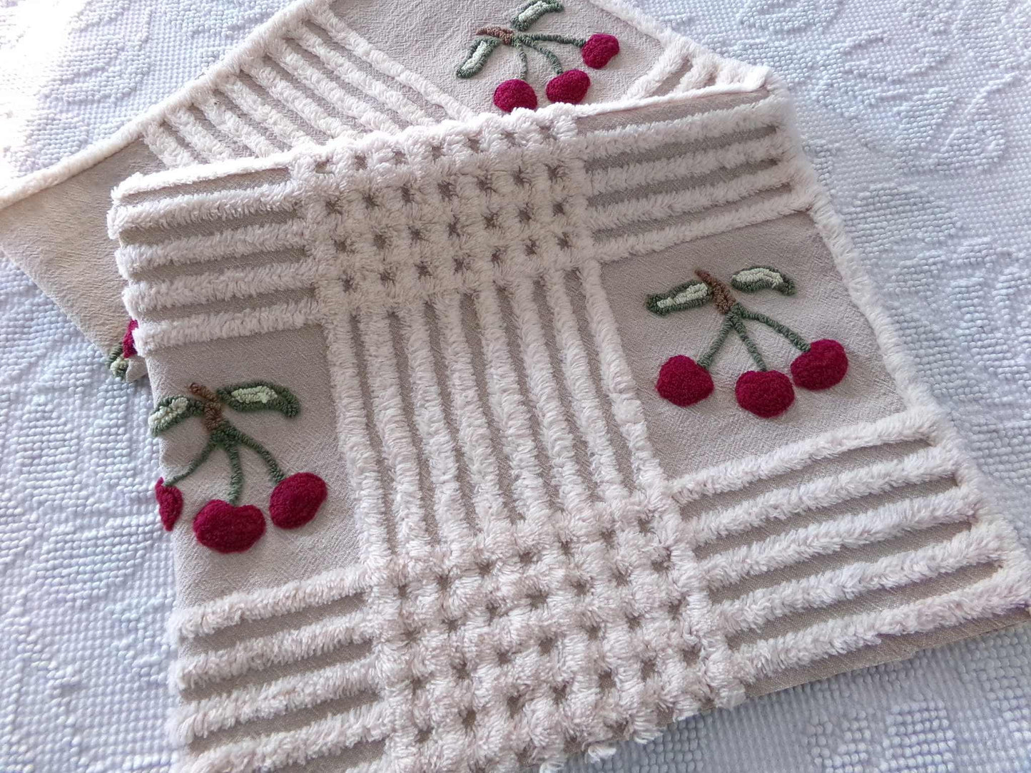Adorable Cherries Vintage Chenille Fabric, 18" x 24" inch piece of sewing material with 6 cherry bunches for quilts, pillows, wall hanging