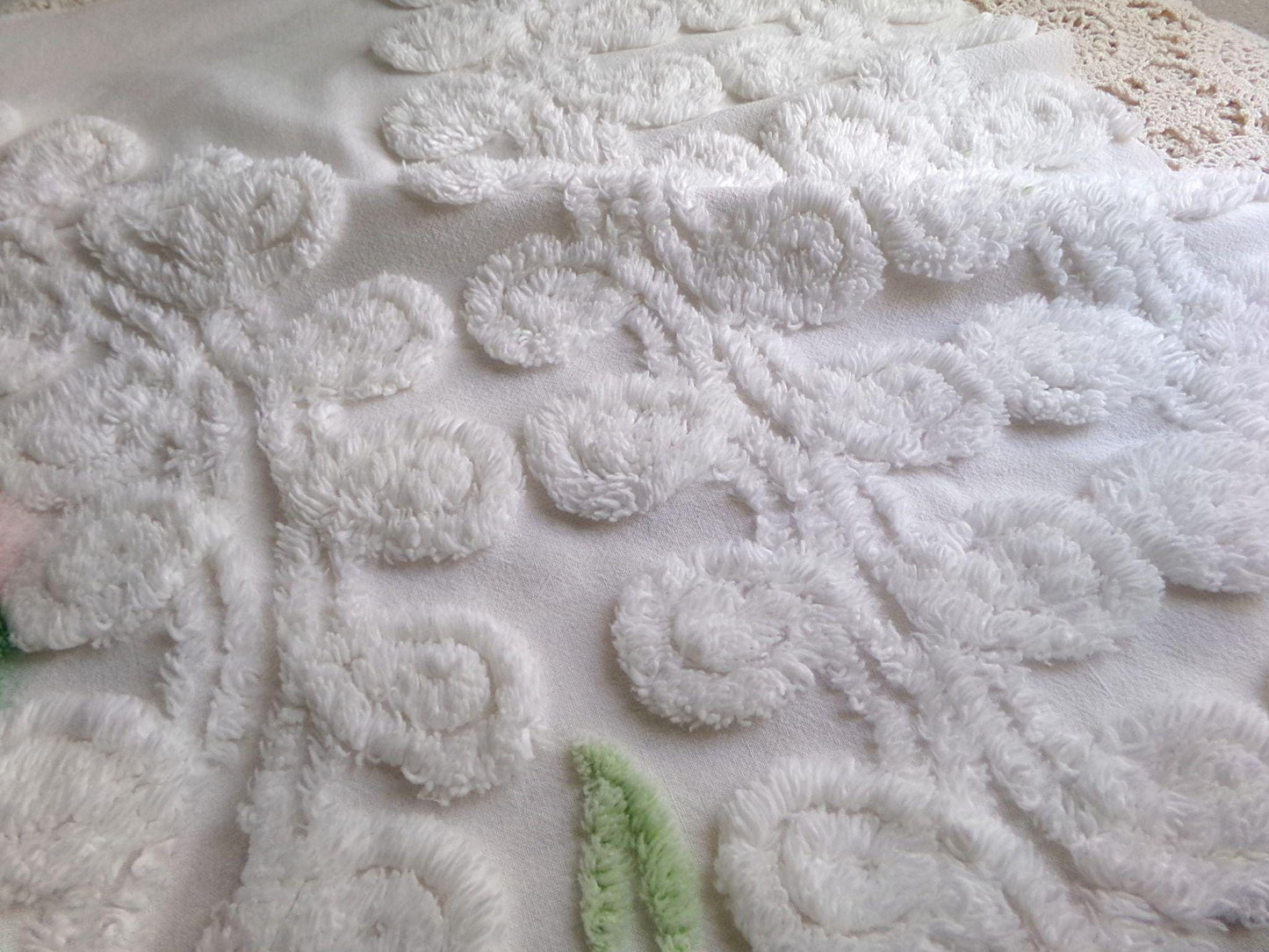 bridal cake vintage chenille fabric, lovely sculpted white curlicues & rosette florals, 20" x 23" inch piece of cotton sewing material