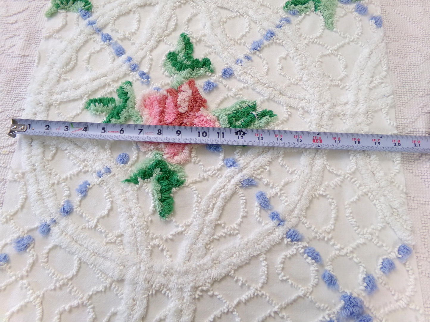 rose cottage vintage chenille fabric, floral design on white, 19" x 25" cut piece for arts & crafts