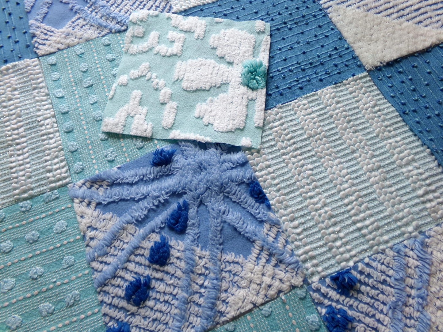 mermaid kisses chenille fabric squares, set of 17 vintage blue & aqua 6" craft blocks, chic designs for quilt inlays, pillows, fiber arts