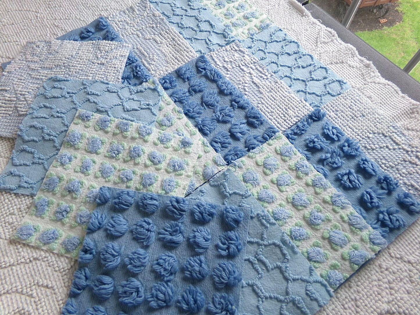 magical moonglow chenille fabric squares, 16 vintage 6" quilt blocks in blue & white, for sewing, crafts, fiber arts