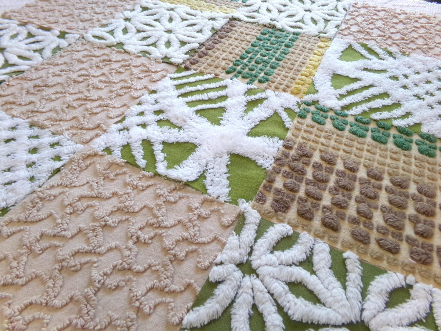 boho babe vintage chenille fabric squares, set of 16 earthtone olive, mocha, white quilt blocks 6" ea, for fiber arts, sewing, quilting