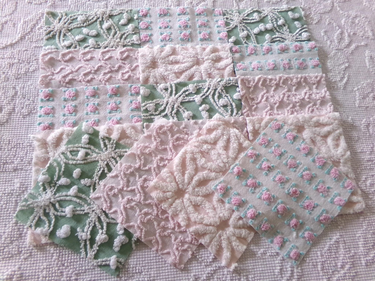 vintage chenille fabric quilt squares, "granny's garden" set of 16 blocks, 6" x 6" inch, pretty in rag quilts & patchwork pillows