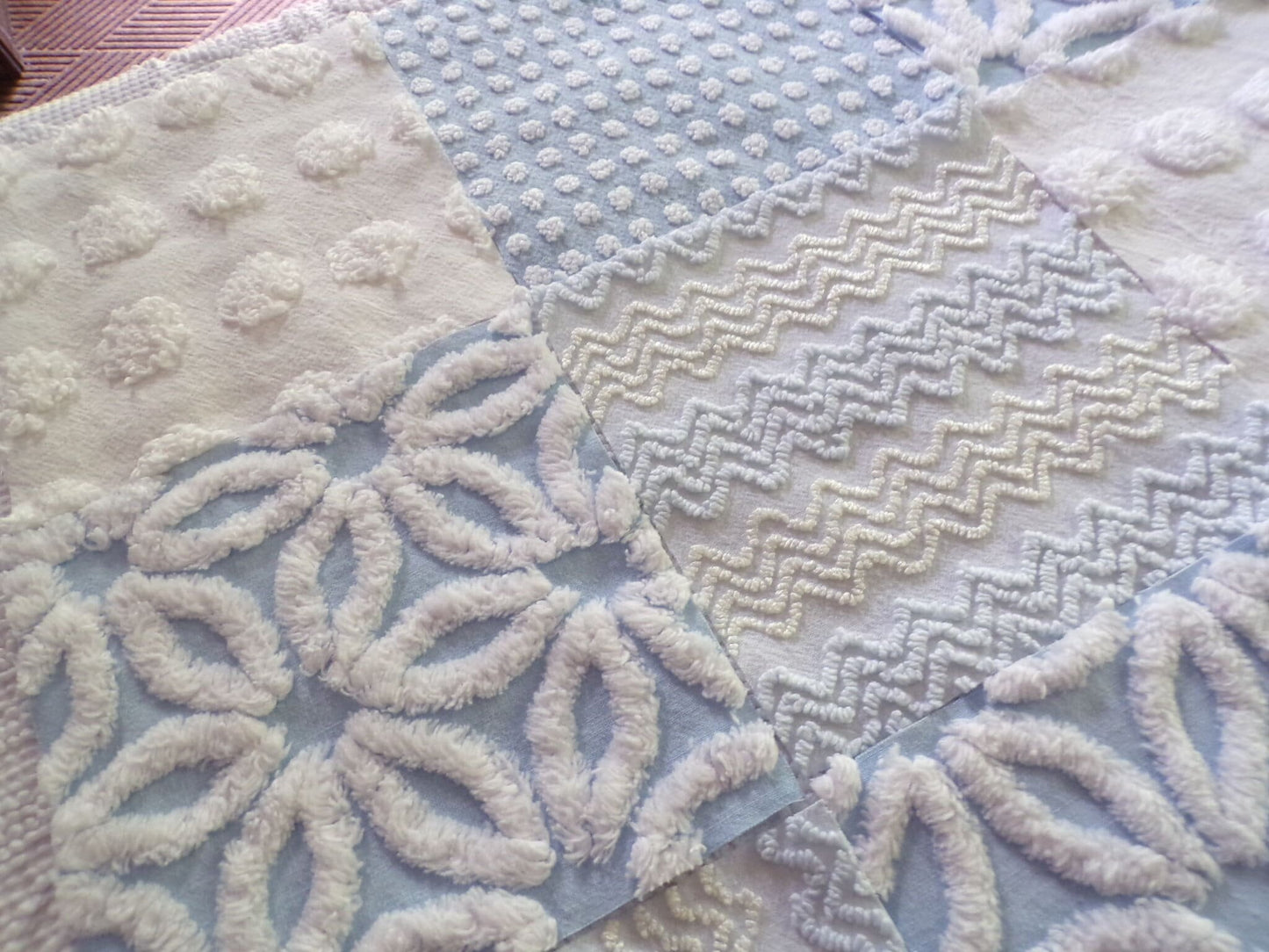 Blue Quilt Squares Set, Rotary Cut from Vintage Chenille Bedspread Fabric, 16 Blocks, 6" x 6" inch