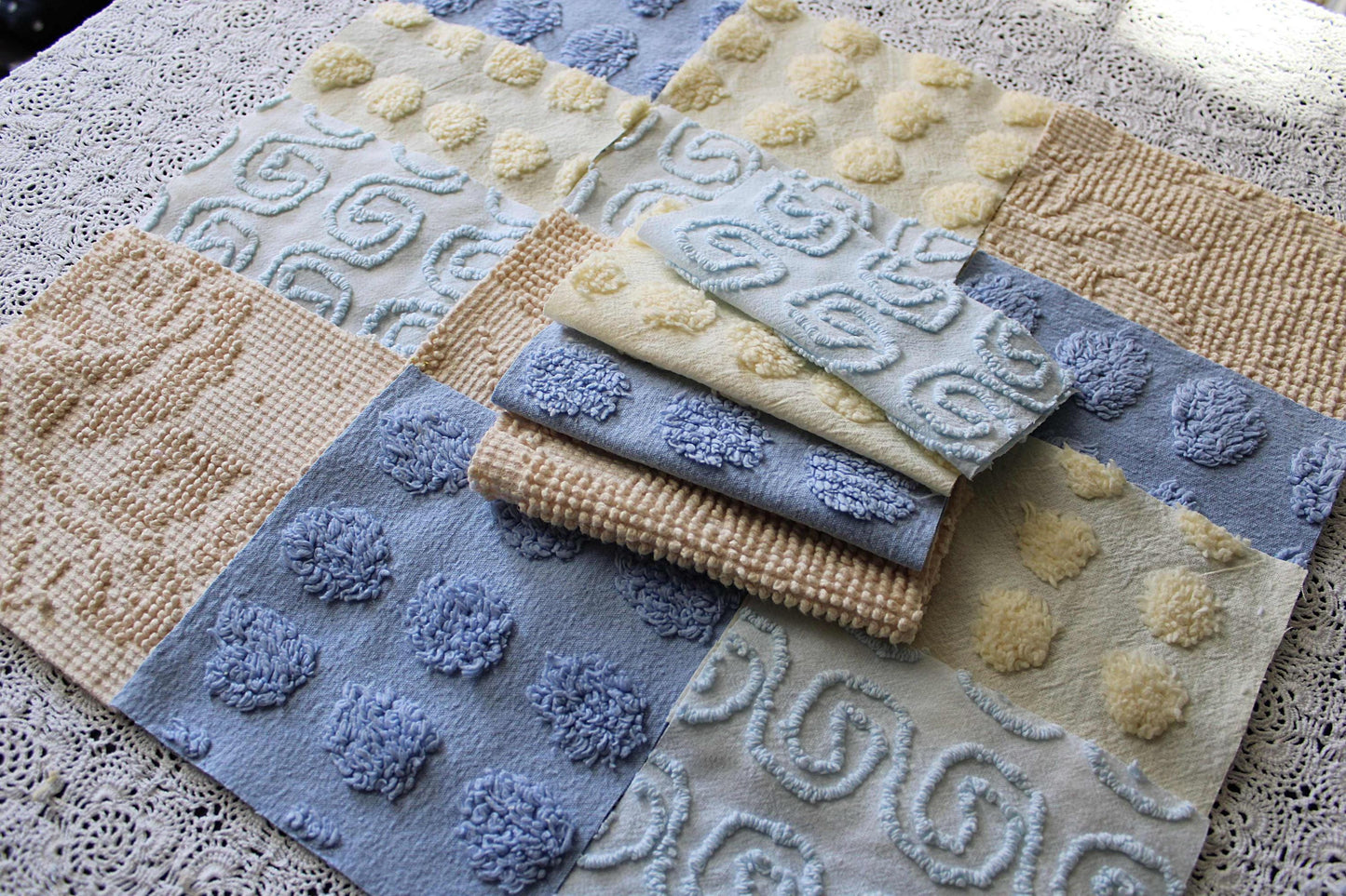 Ocean Sands Vintage Chenille Fabric Squares, Blue & Golden Sand Craft Square Set, 16 Blocks, 6" x 6" inch, Modern Chic