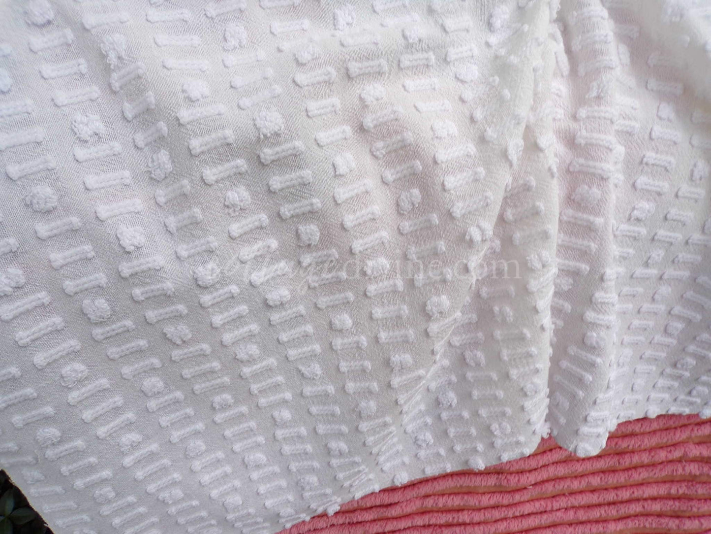 vintage white chenille fabric: dainty dot dash design, 18" x 24" piece