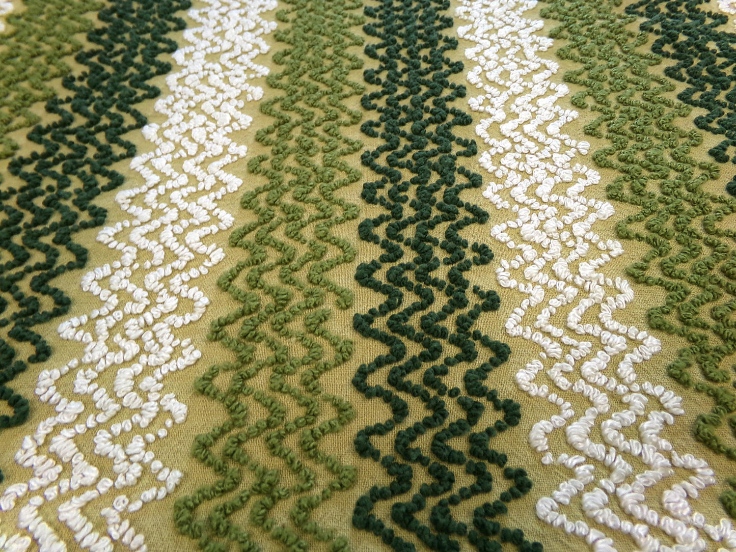 groovy green zig zag vintage chenille fabric, earthy avocado, olive textured pattern, 18" x 24" cut piece for arts & crafts