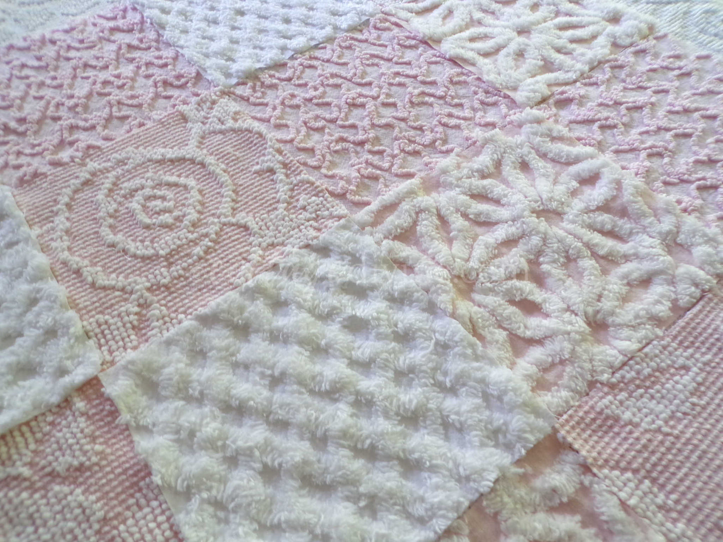 Pastel Pink & White Quilt Squares Set, Rotary Cut from Vintage Chenille Bedspread Fabric, 16 Blocks, 6" x 6" inch
