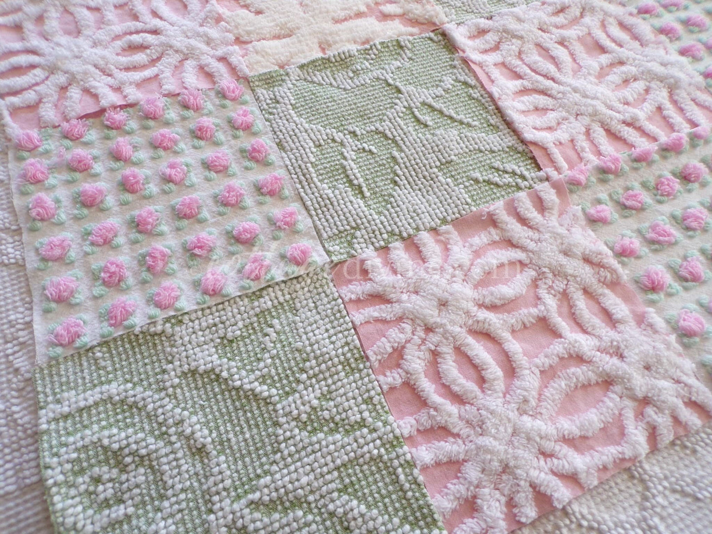 vintage 6" chenille fabric squares, set of 16 quilt blocks in rose bloom pink, sage green & white geometric and floral prints