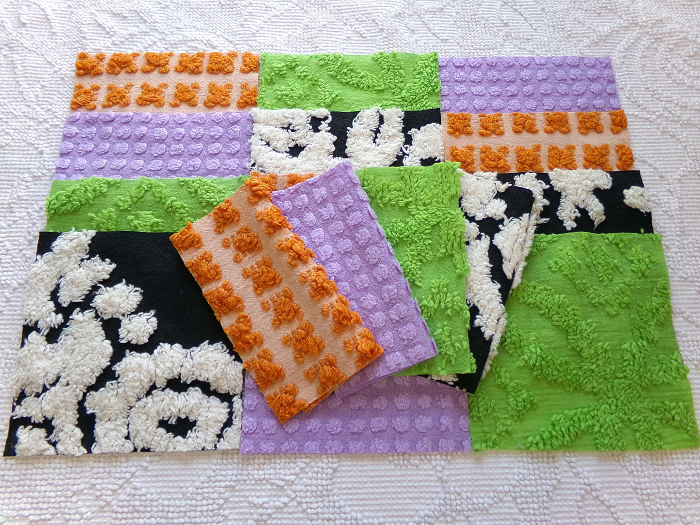 whimsical witch vintage chenille fabric squares, set of 16 playful 6" blocks for crafts, sewing in orange, black, green & lavender