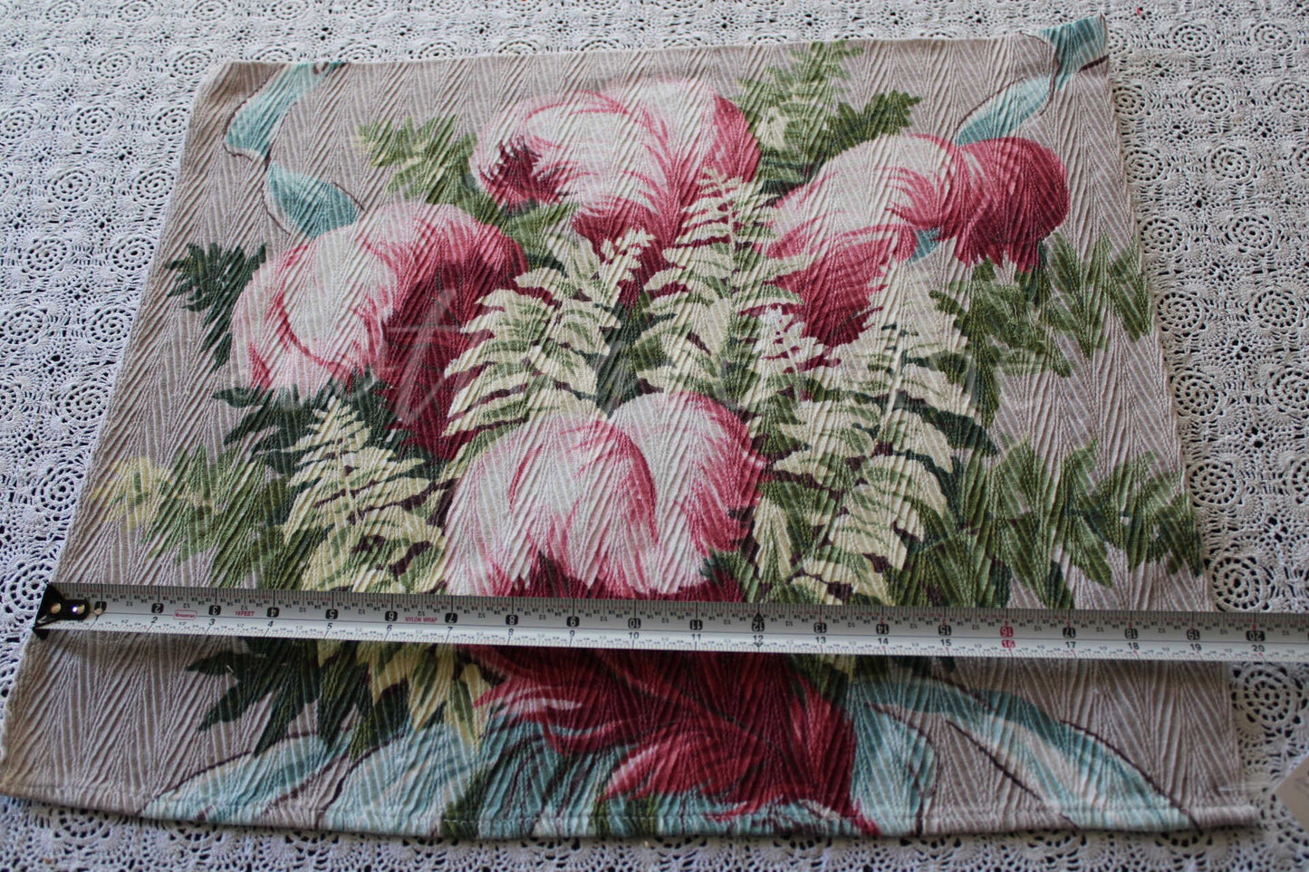 Heavenly Feather Pink Plume Vintage Barkcloth Fabric, 19" x 16" inch Piece, Botanical Floral Print on Cool Grey, Great for DIY Pillows