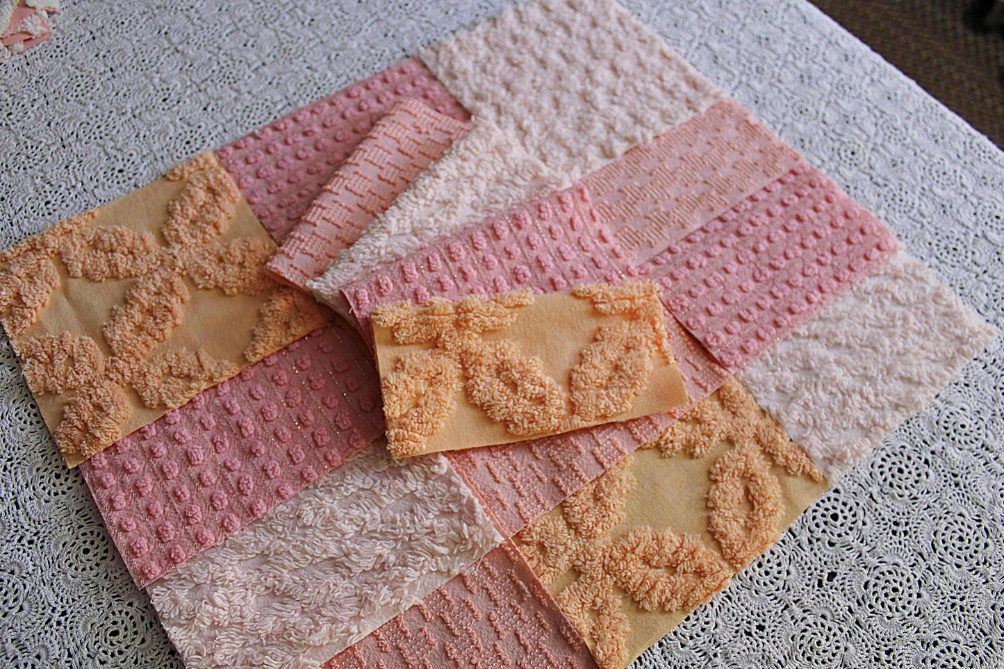 peach nectar vintage chenille fabric squares, set of 16 geometric 6" quilt squares in texturized geometric designs