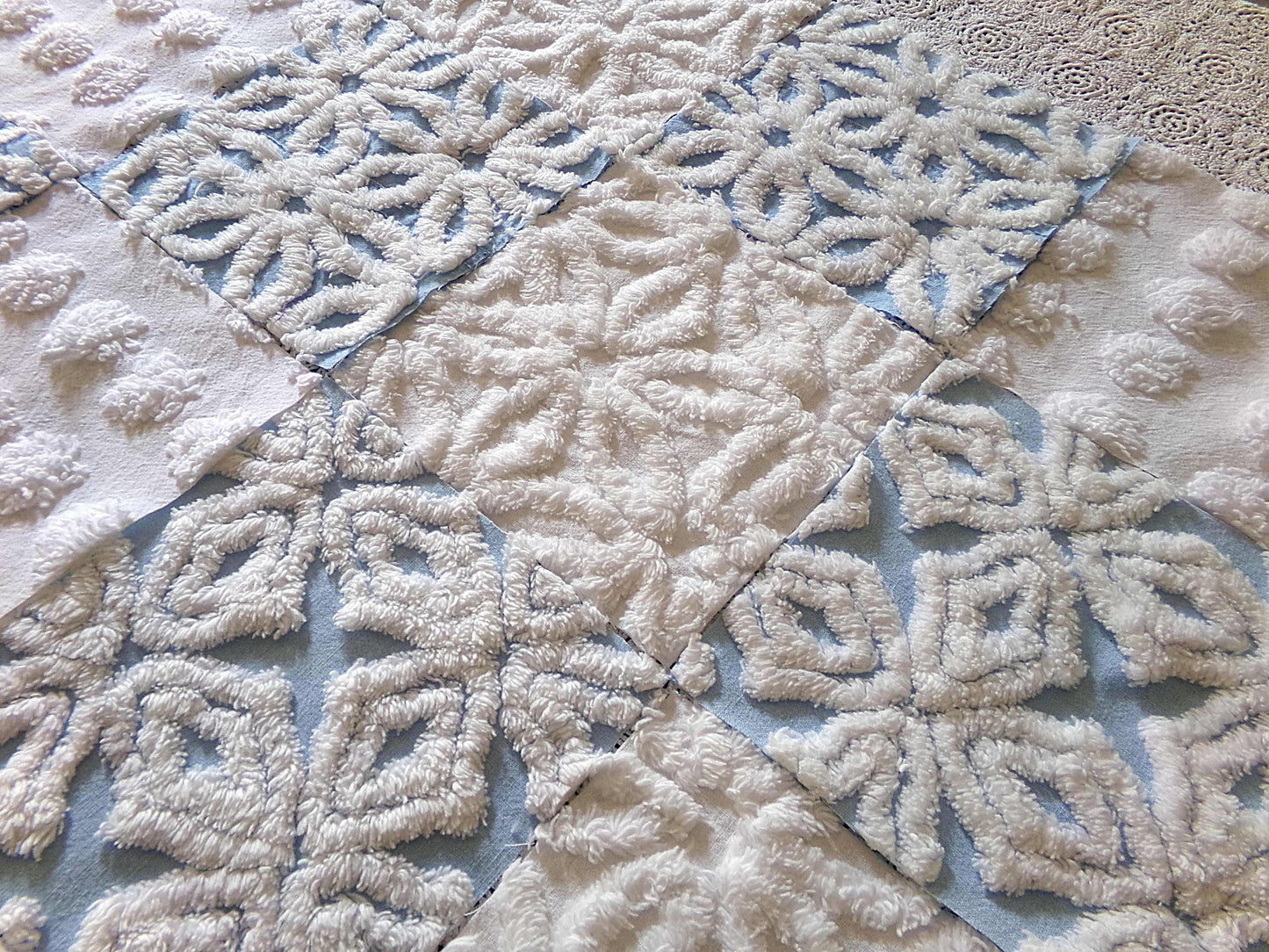 Breezy Blue & White Chenille Fabric Squares Set, 16 Vintage Quilt Blocks, 6" x 6" inches each, for Quilting, Sewing, DIY Pillows