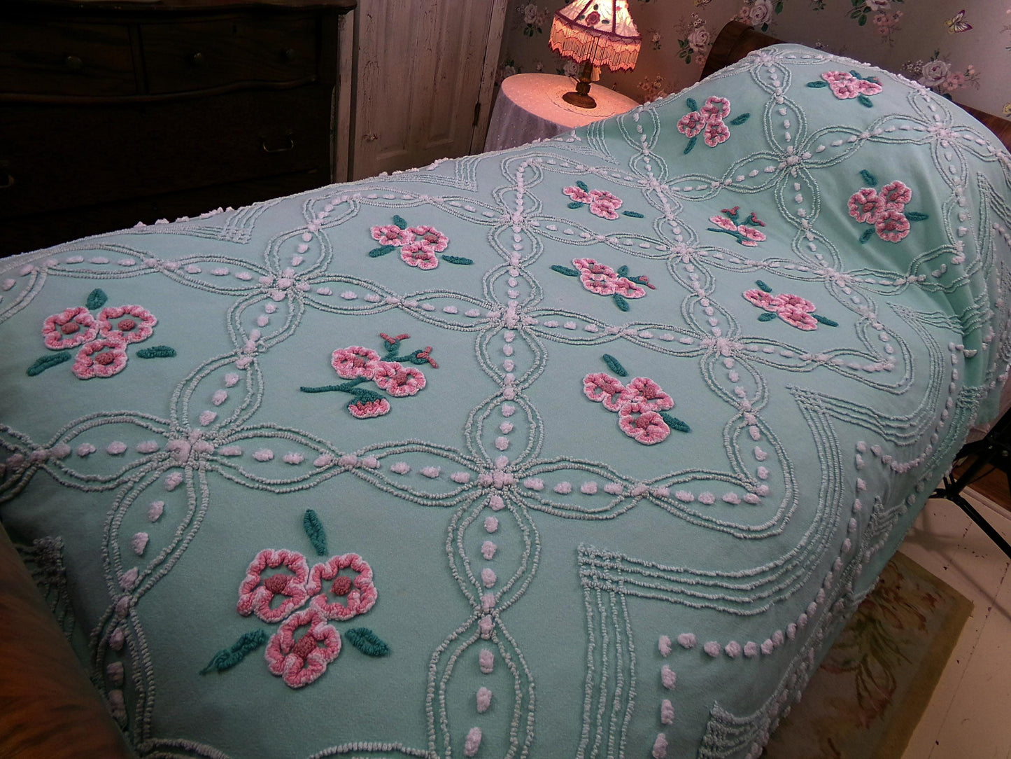 jade green pink rose vintage chenille bedspread, beautiful twin size shabby chic style bedding, great as a summer cottage coverlet