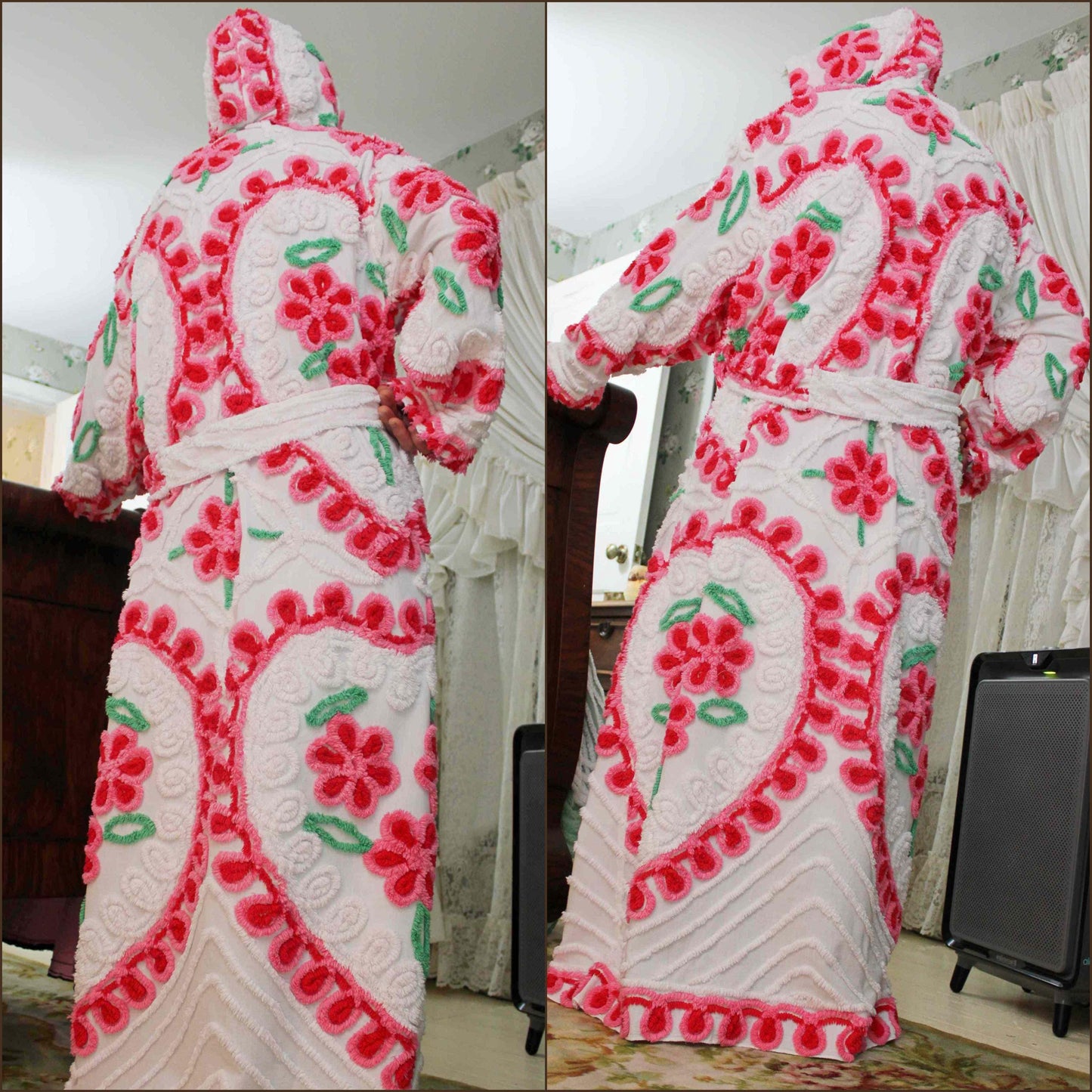 Hooded Chenille Robe in Pink Hearts & Flowers, Cozy Cute Medium / Large Hooded Vintage Style Women's Bathrobe