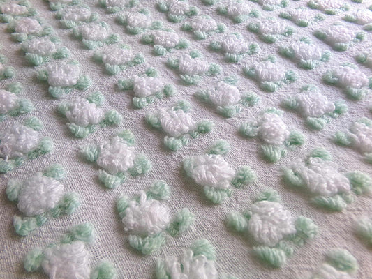 Plump White Rosebuds Vintage Chenille Fabric, 19" x 25" Piece, Beautiful Roses with Mint Green Leaves
