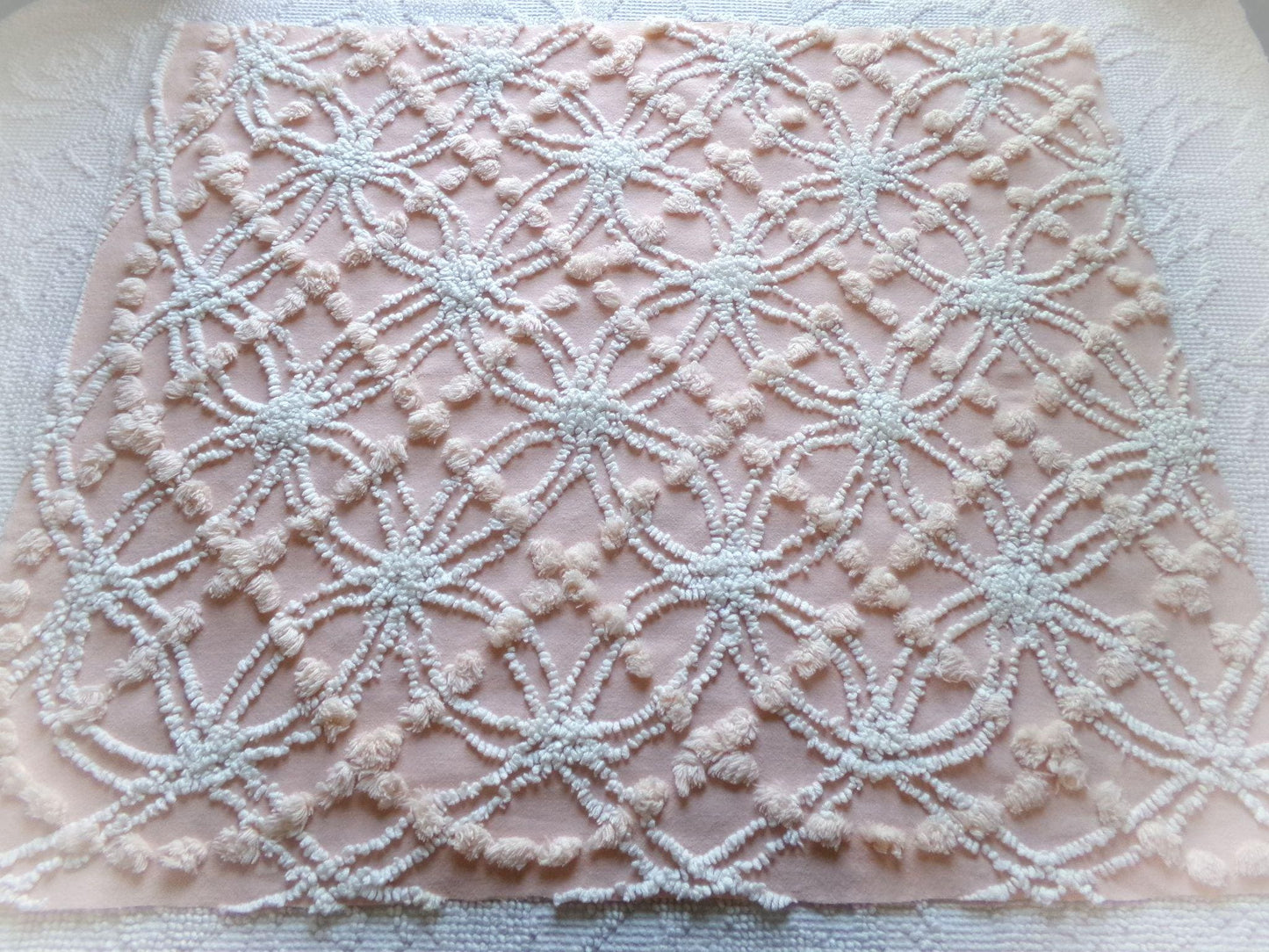 iced peach vintage chenille fabric, needletuft white wedding rings & overtufted pops, 20" x 24" piece sewing material for quilting, crafts