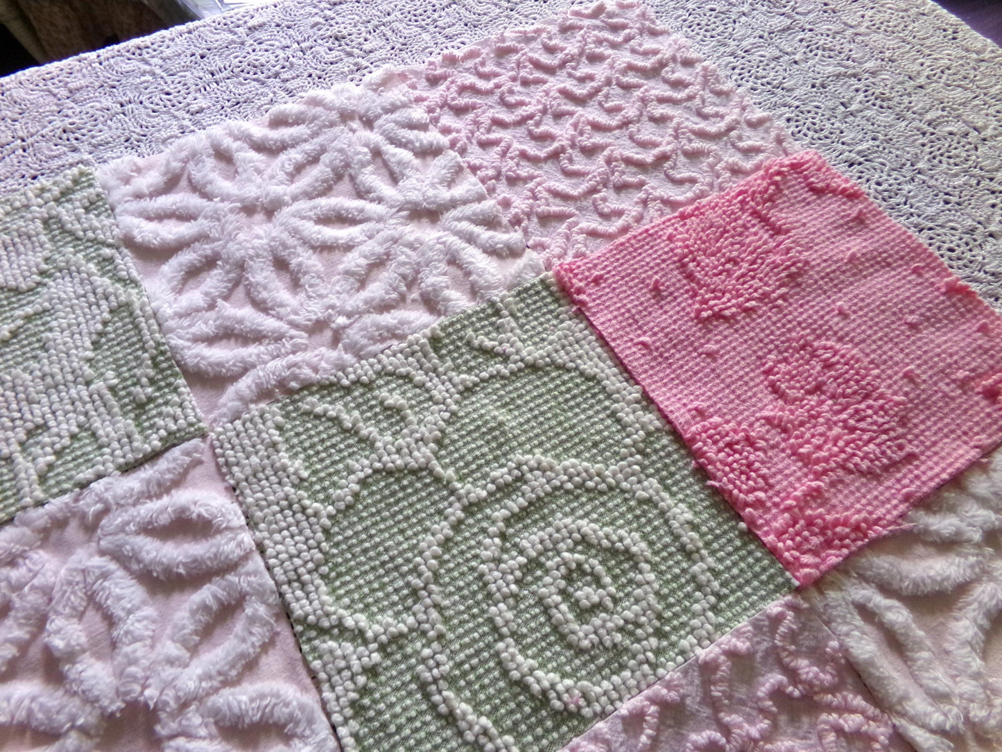Flower Lady Vintage Chenille Squares, 16 Quilt Blocks, 6" inch in Sage Green, Petal Pink & Rose, from Chenille Bedspread Fabrics