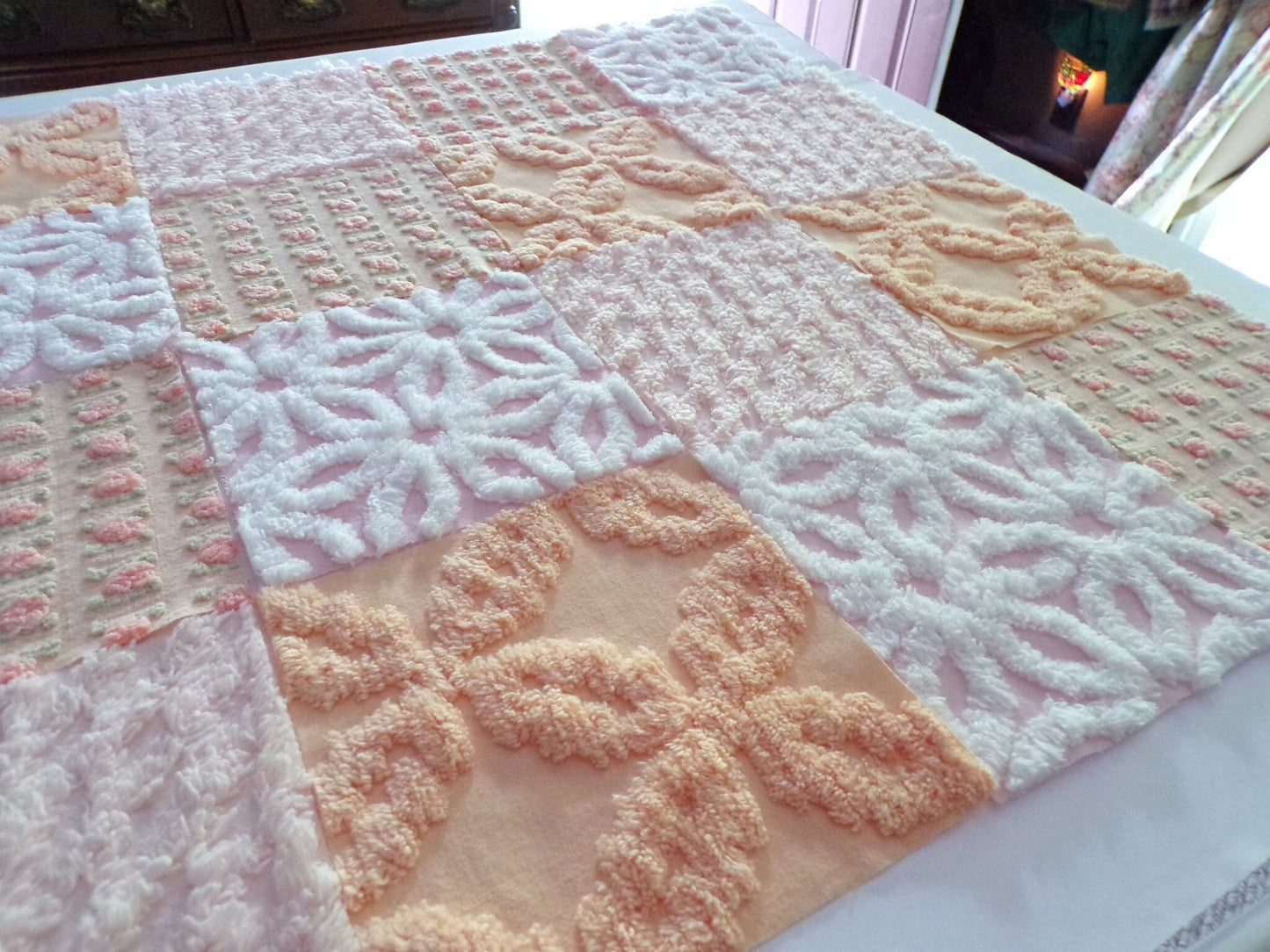 Peach Chenille Fabric Squares Set, "Nostalgia Rose" 16 Vintage Quilt Blocks, 6" inch
