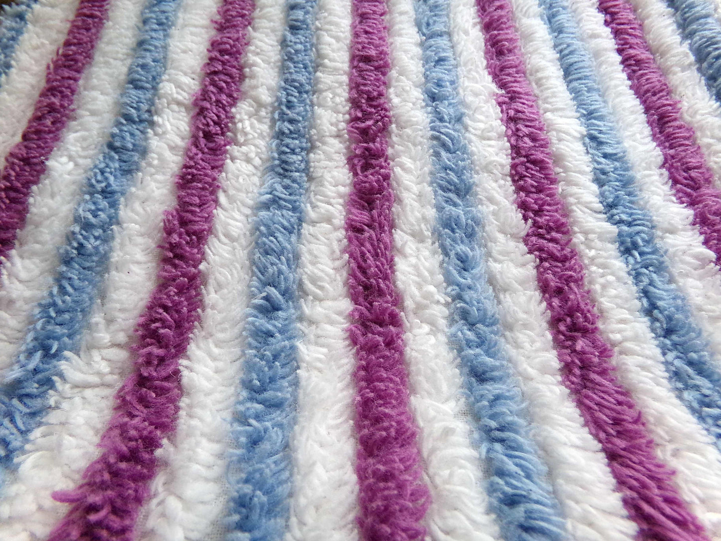 Blue Raspberry Striped Vintage Chenille Fabric, 18" x 24" Piece, Soft Plush Stripes