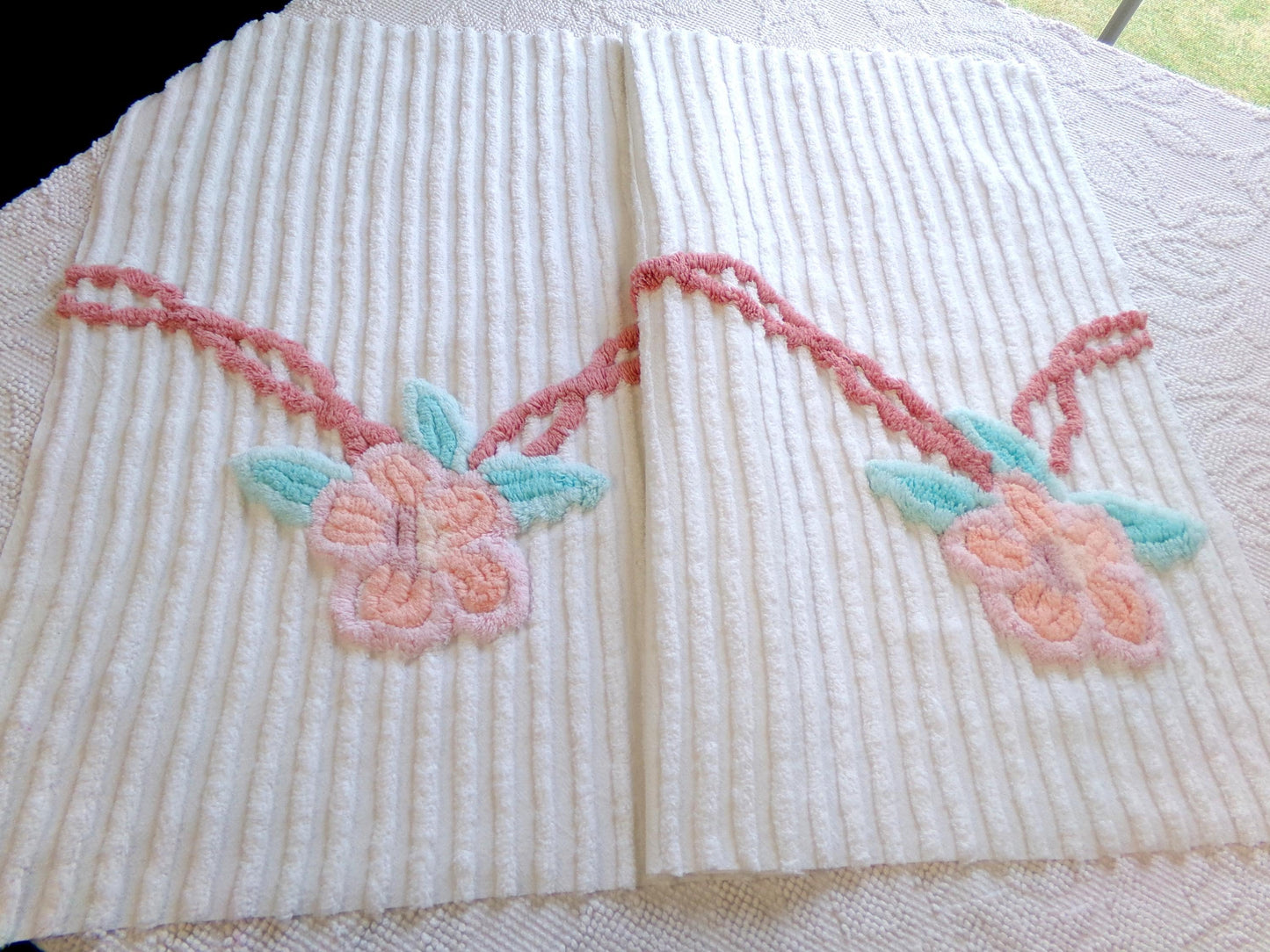 rose garland vintage chenille fabric, floral 20" x 29" piece of white cotton sewing material for crafts, pillows