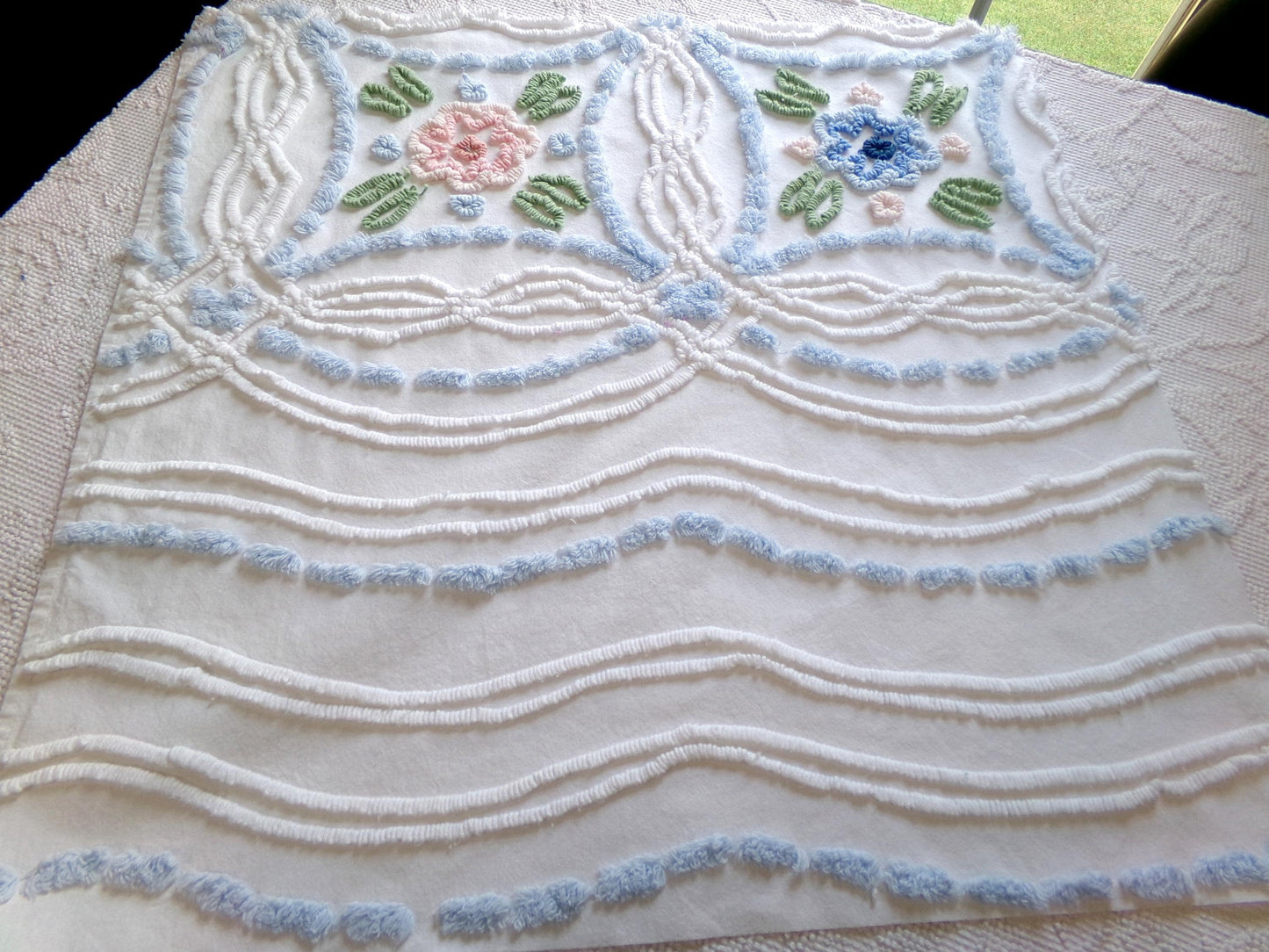 cottage chic vintage chenille fabric: pink & blue floral 24" x 24" cut piece sewing material