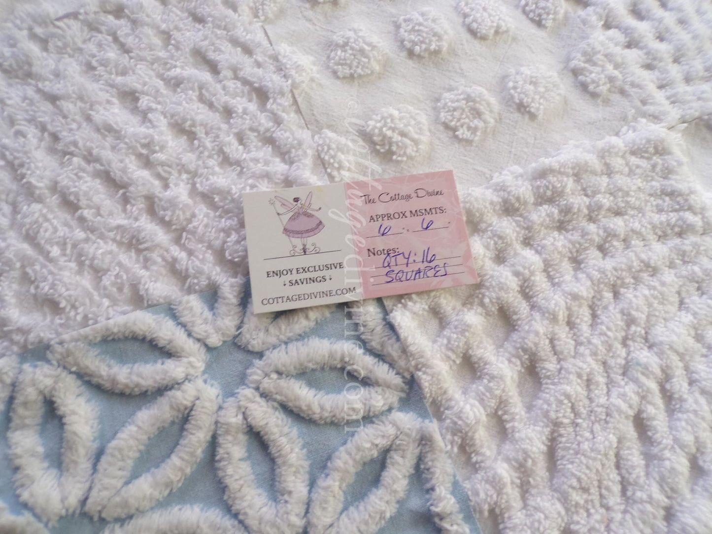 Coastal Chic Chenille Quilt Squares Set from Vintage Bedspread Fabric, 16 Blocks, 6" x 6" inch