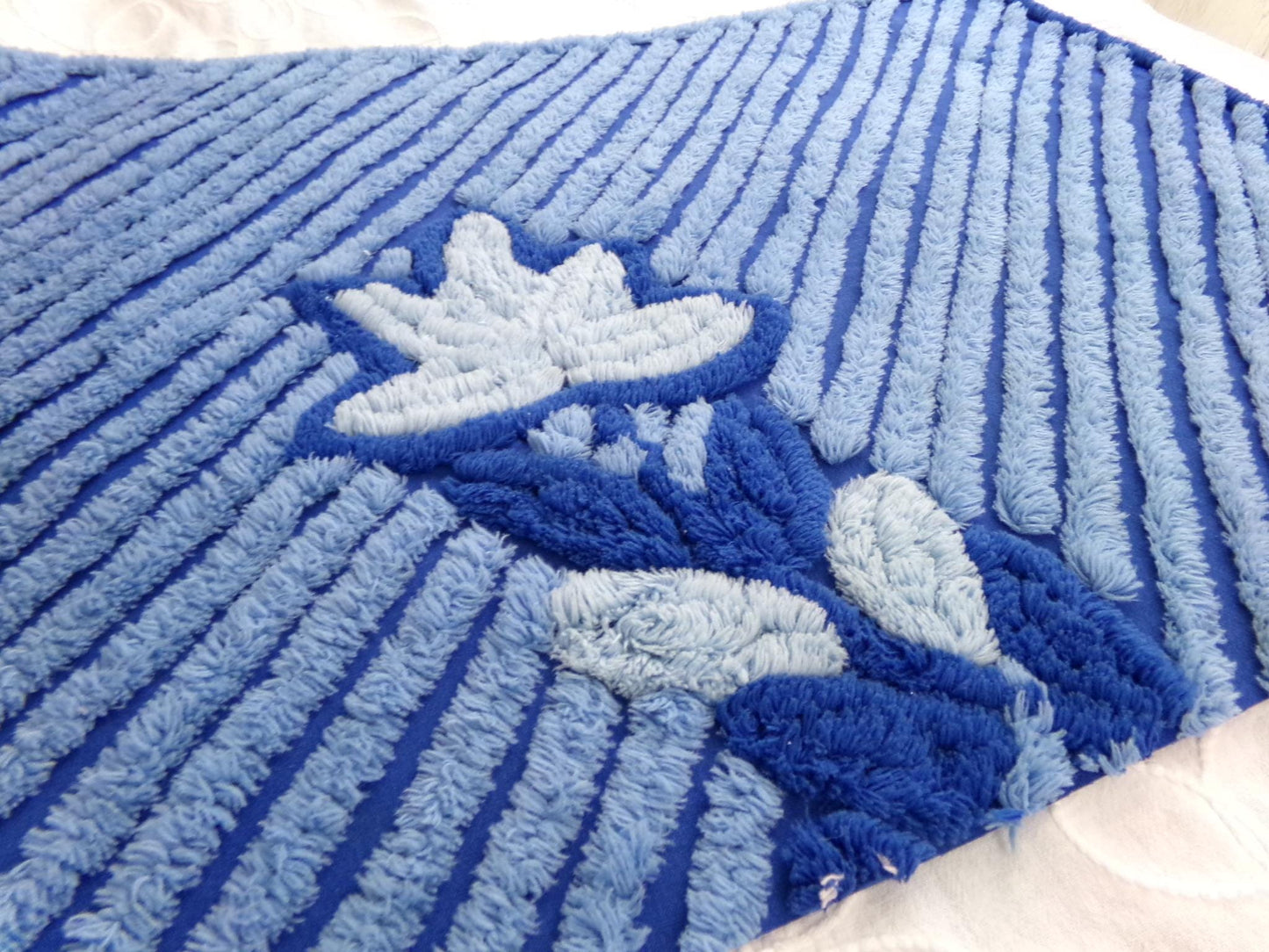Midnight Blue Plush Vintage Chenille Bedspread Fabric, Water Lily on Diagonal Stripes, 18" x 25" inch Piece, Sewing & Quilt Material