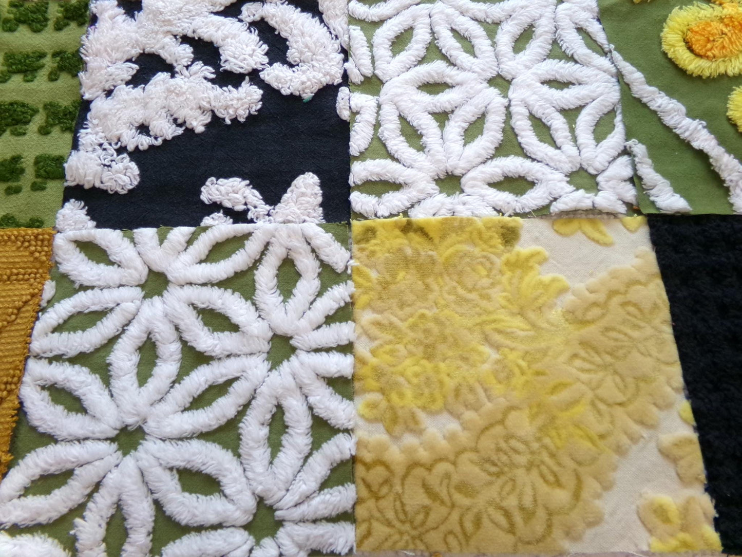 bewitching blend of vintage 6" chenille squares, set of 16 quilt blocks, rotary cut from boho vintage chenille bedspread fabrics