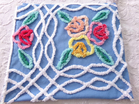 shabby seaside blue floral fabric, 16.5" x 30" inch piece cut from vintage chenille bedspread, colorful flowers & white wave ripples