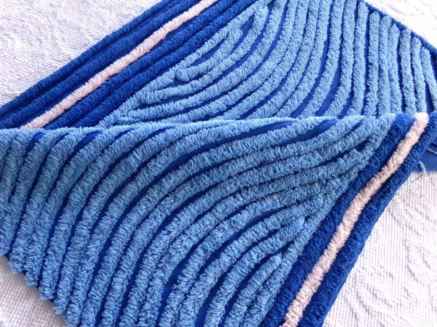 ocean waves chenille fabric, deep velvety mystic blue, 19" x 25" inch piece of vintage sewing material for pillow, quilts, doll blankets