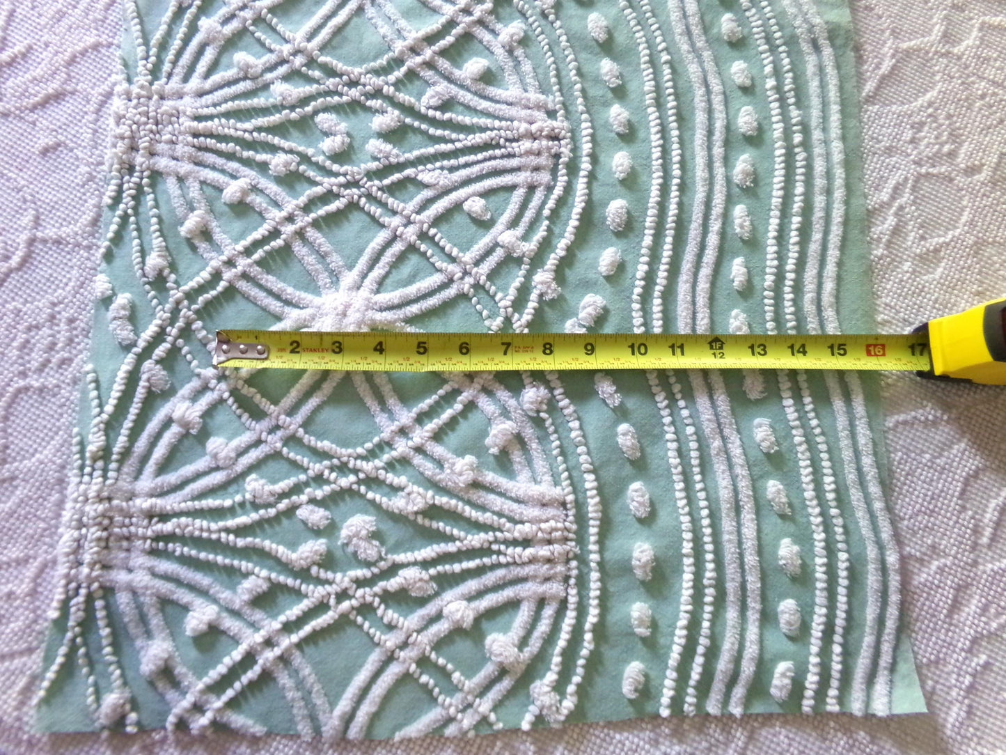 spiderweb jade green vintage chenille fabric, unique texturized web pattern on this 18" x 23" inch piece of sewing material