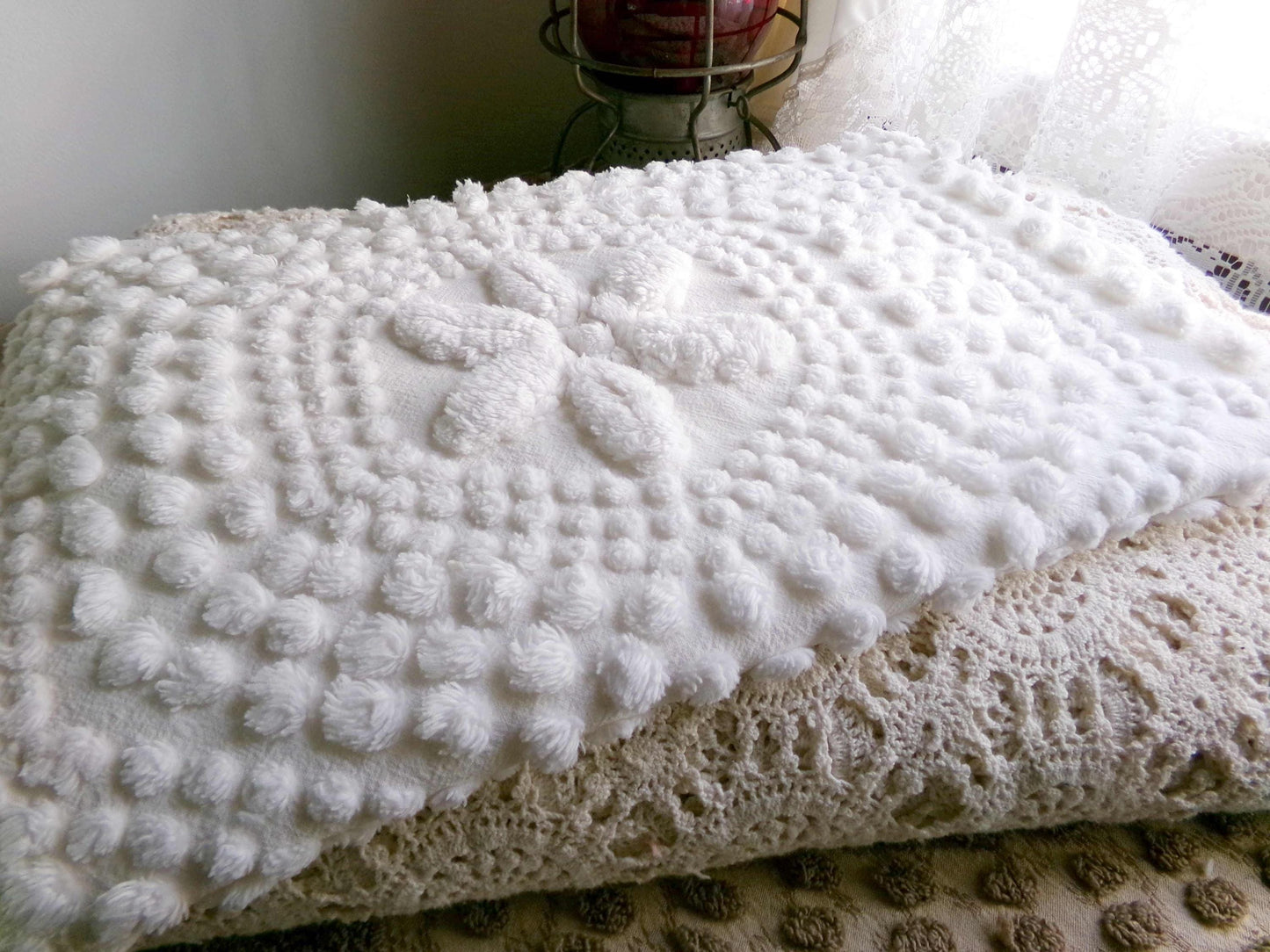 sweet stars 3D vintage chenille fabric, 100% cotton antique white sewing material for pillows, handmade chenille quilts, 28" x 18" cut piece